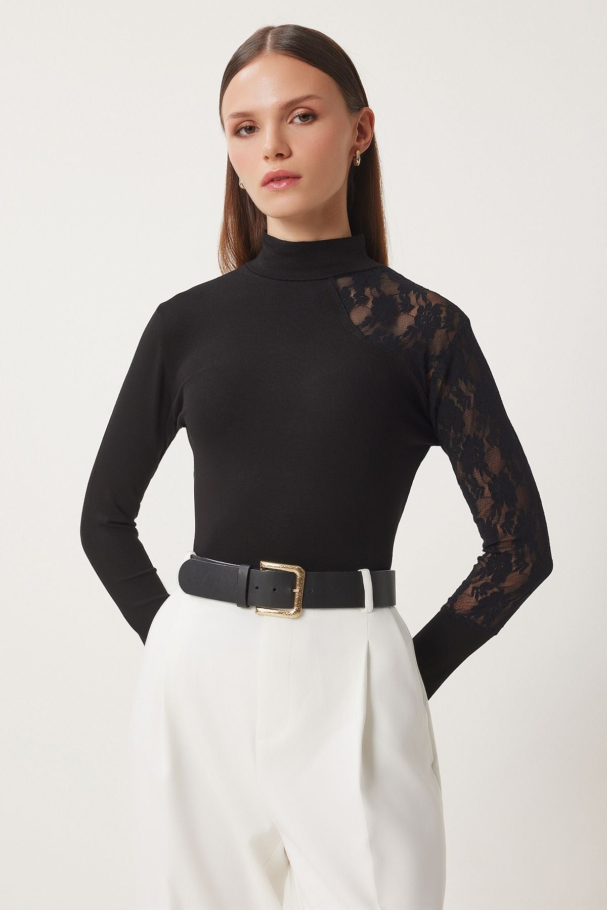 Female black fisherman collar lace wick knitted blouse EN00627