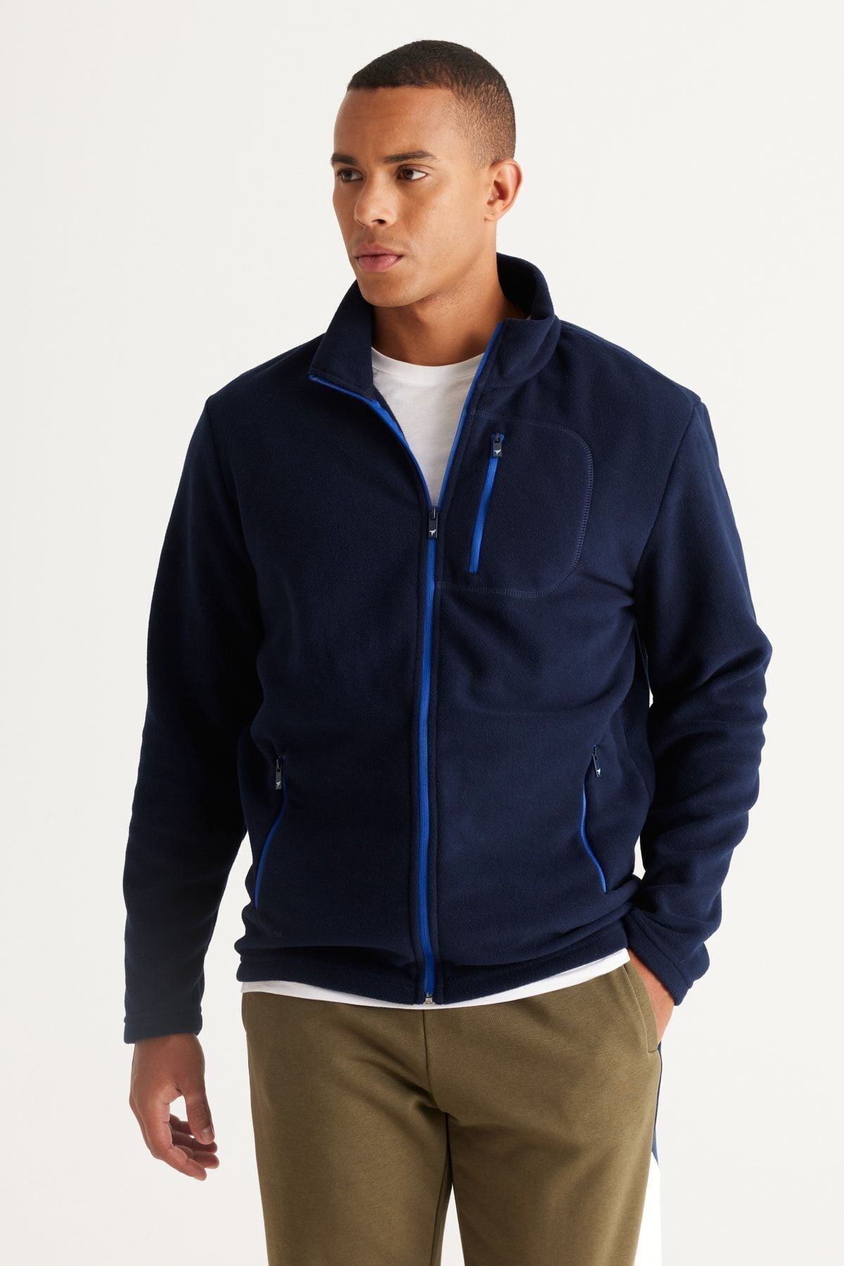 Men's navy blue standard fit upright bato collar pockets with zipper cold -proof sweatshirt polar jacket