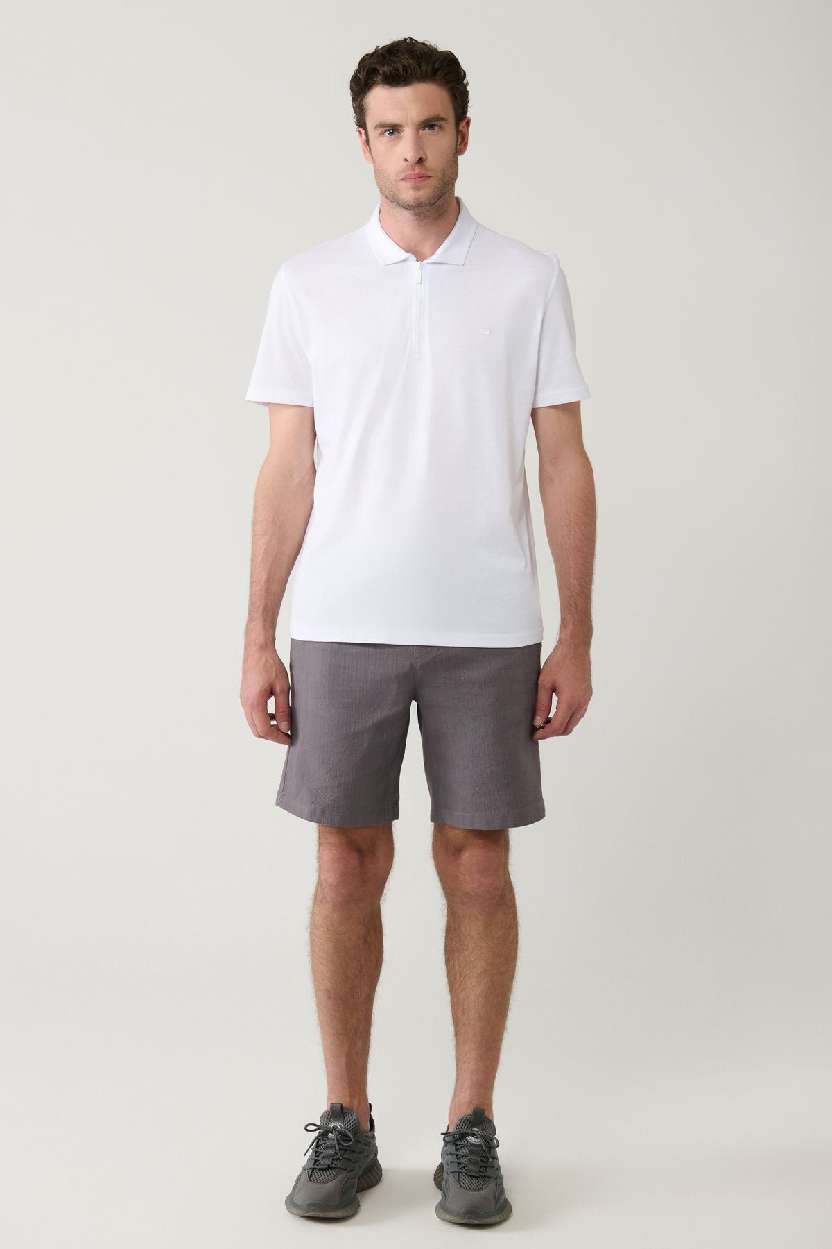 Men's White 100 %Cotton Zipper Polo Yaka T-shirt E001034