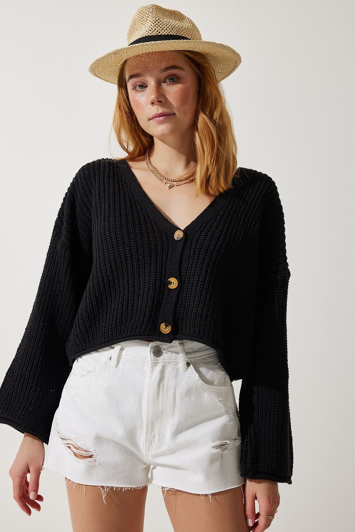 Female Black V -Neck Seasonal Crop Knitwear Cardigan MC00255