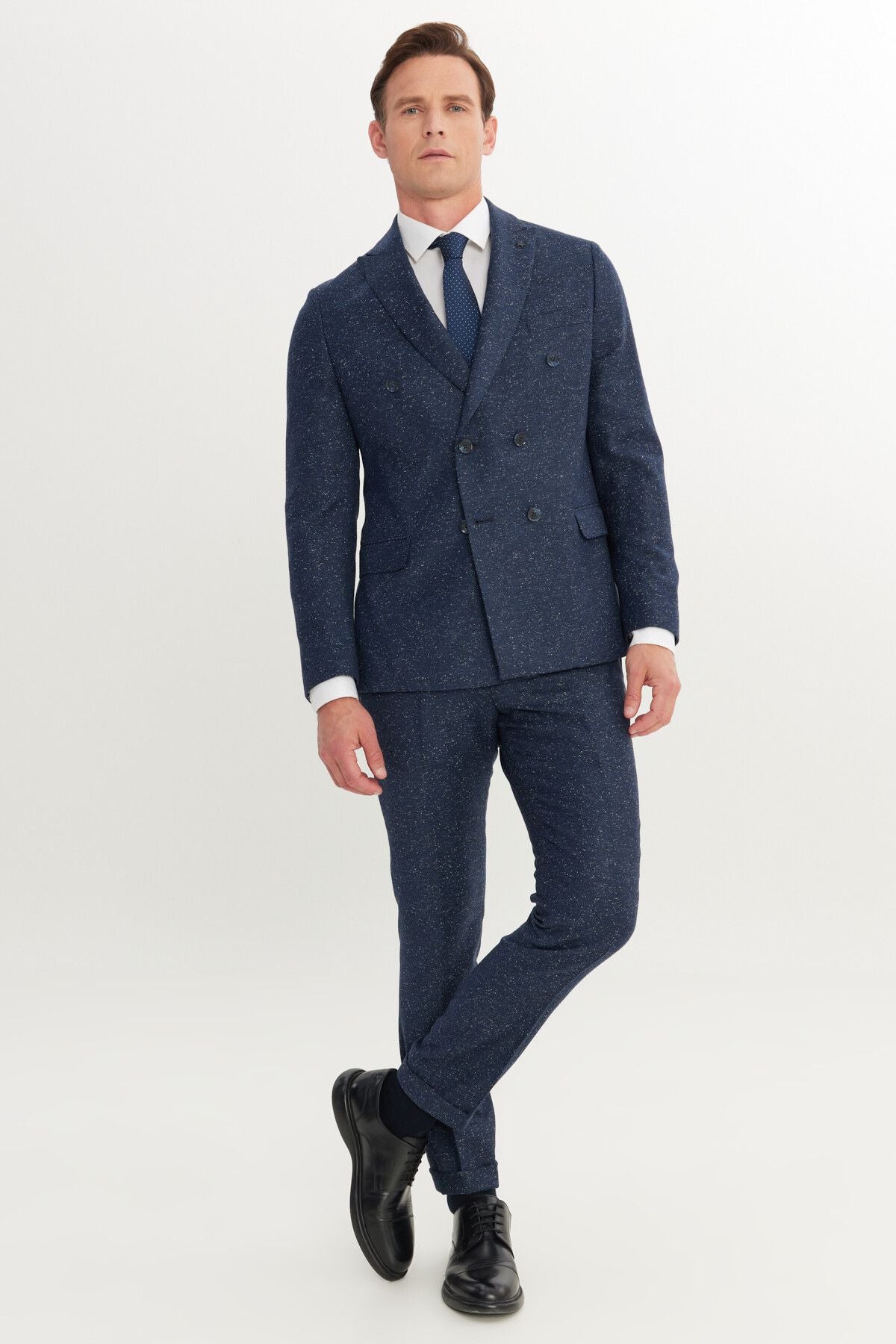 Men's navy blue slim fit narrow -cut swallow collar patterned suit suits
