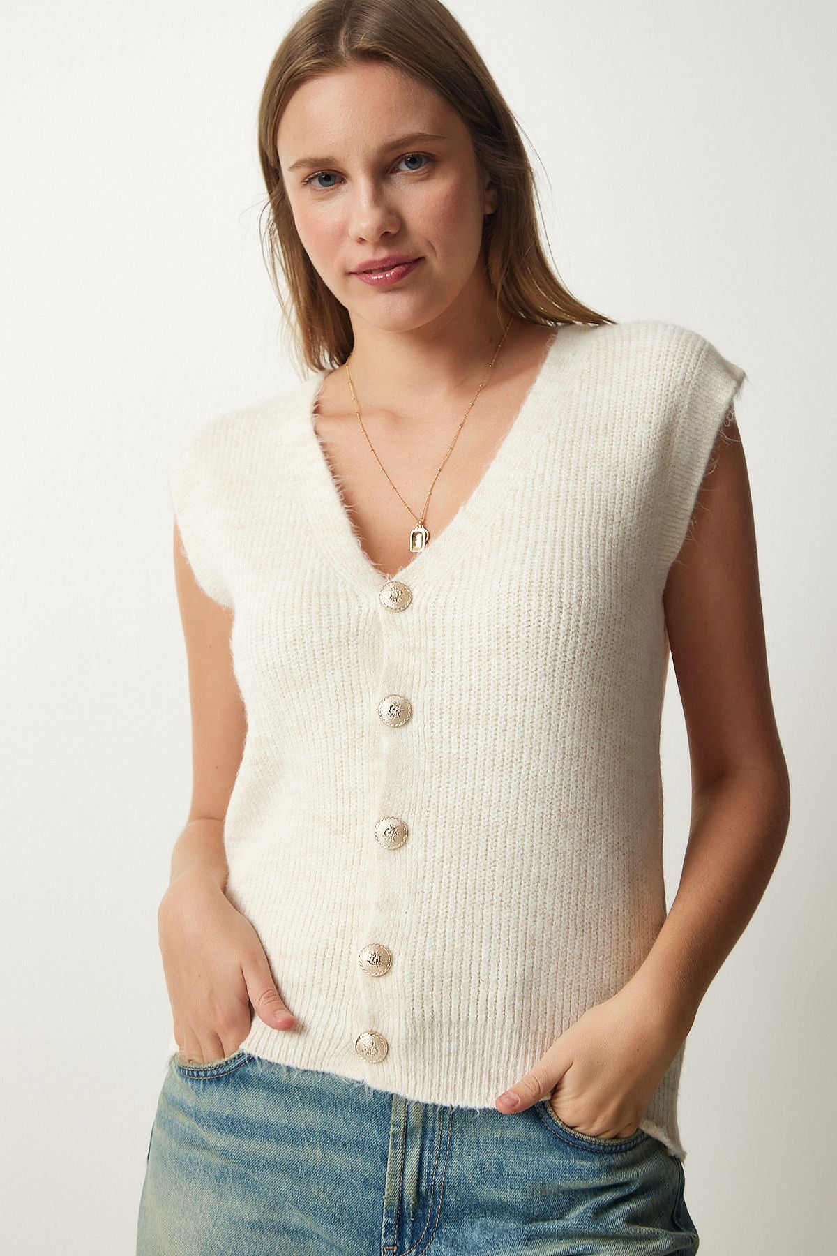 Women's cream metal button woolen knitwear vest DD01282