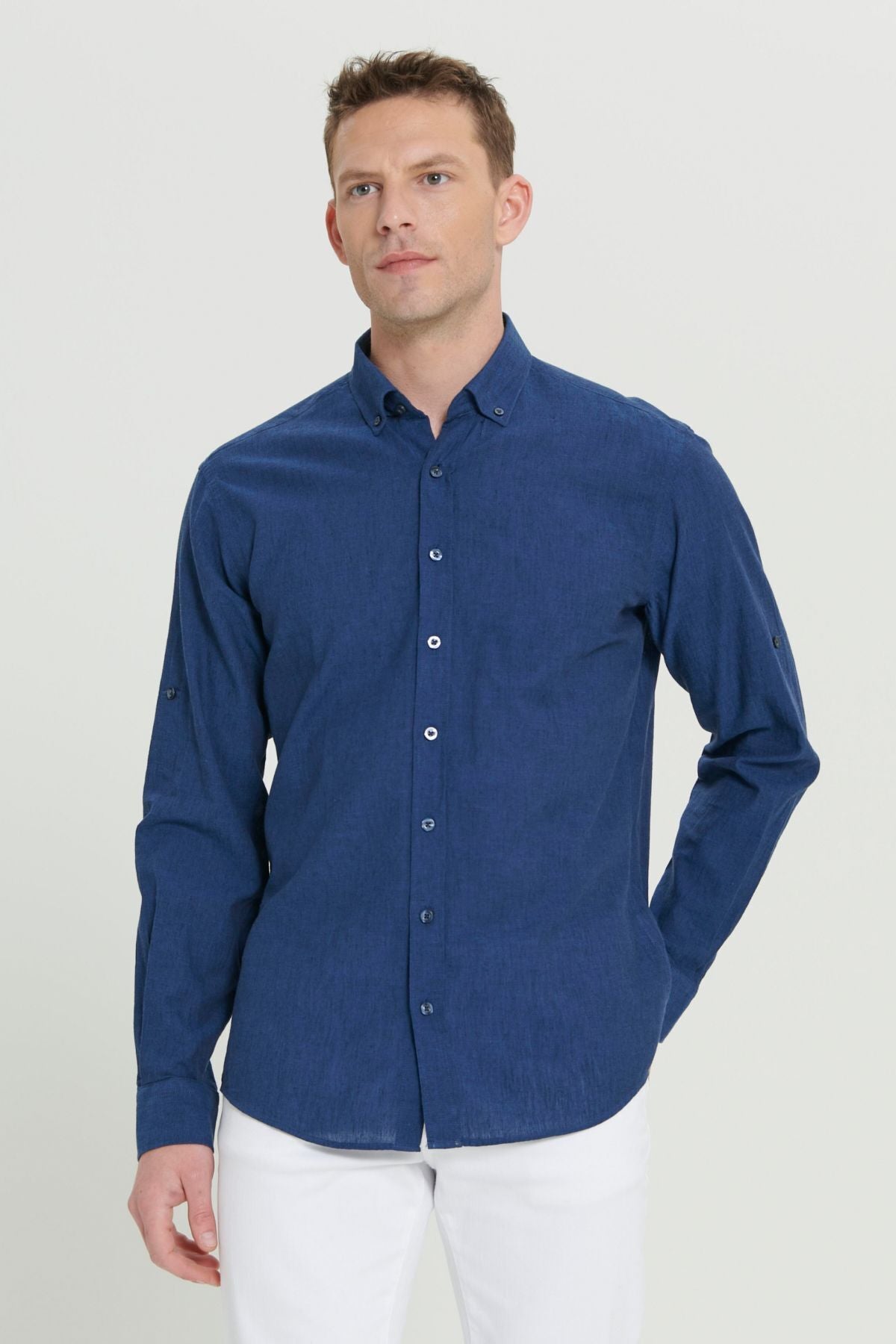 Men's Indigo Kenen Comfort Fit Casual Cutting Buttoned Neck Casual Shirt