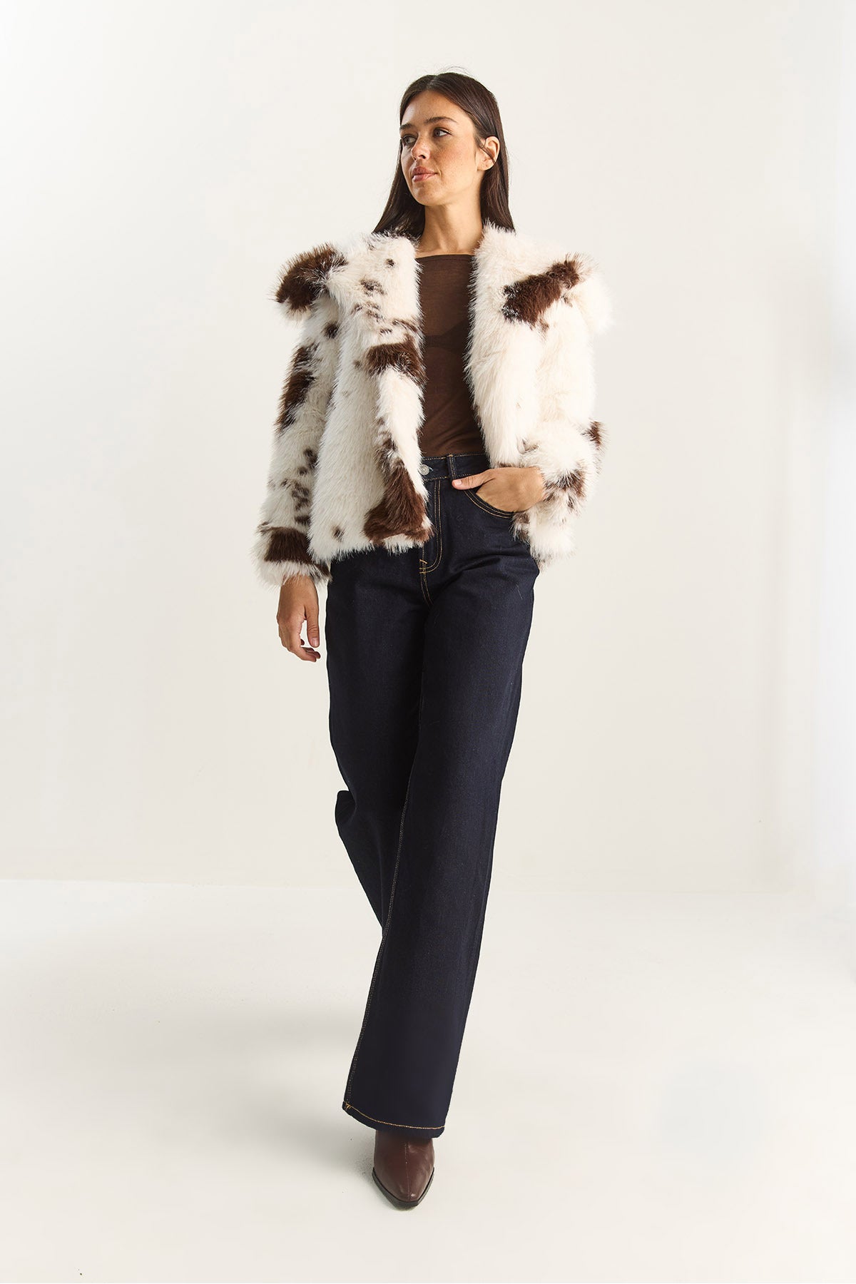Women's Cow Pattern Lined Faux Fur Jacket 3489 60283866