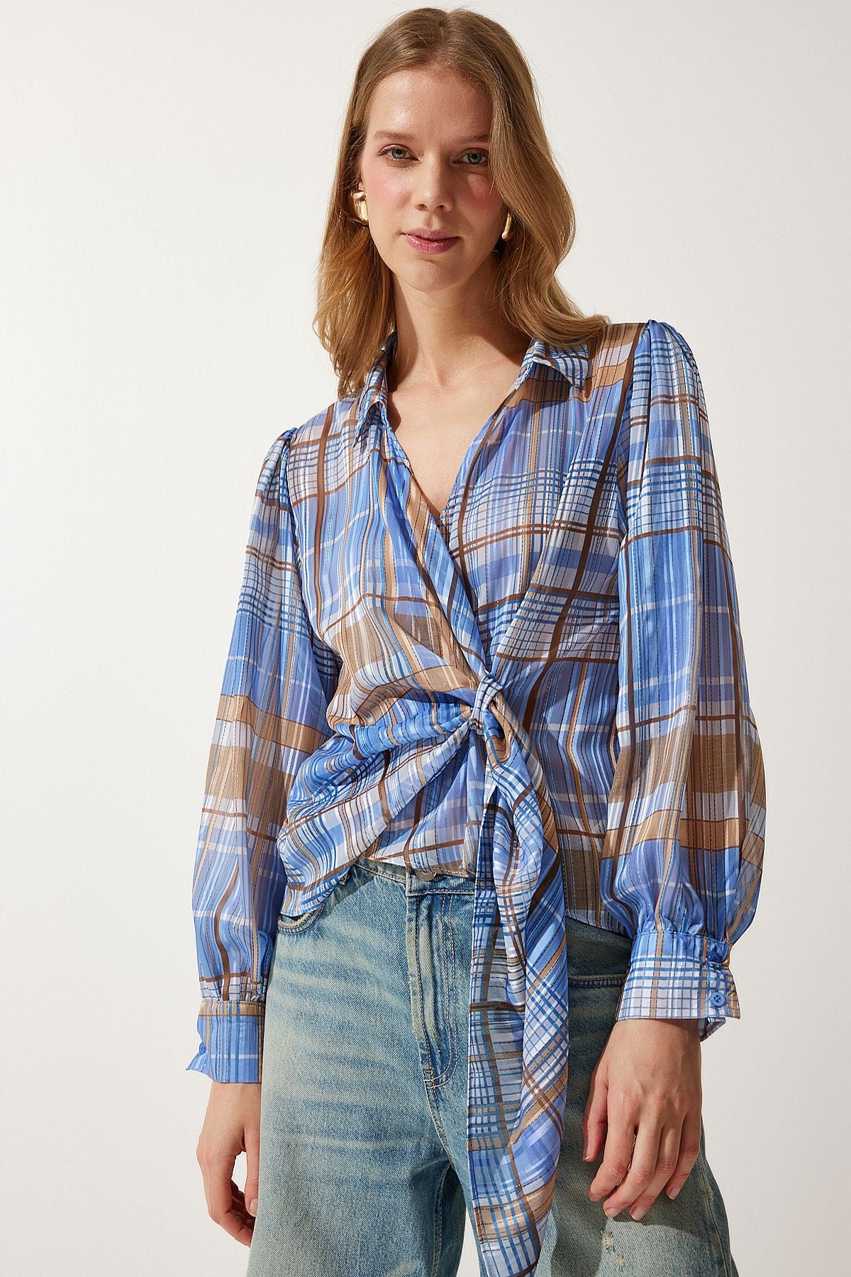 Women's Blue Gleaming Threaded Checkered Shirt WF00066