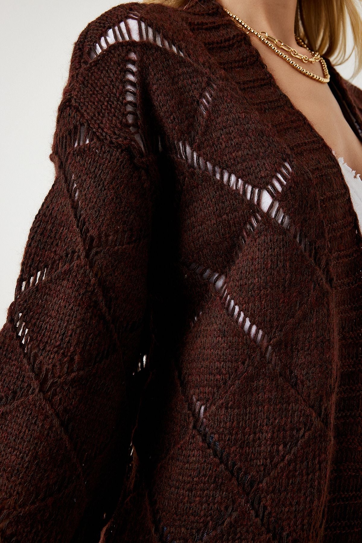 Women's Brown Baklava Patterned Offer Triko Cardigan MC00212