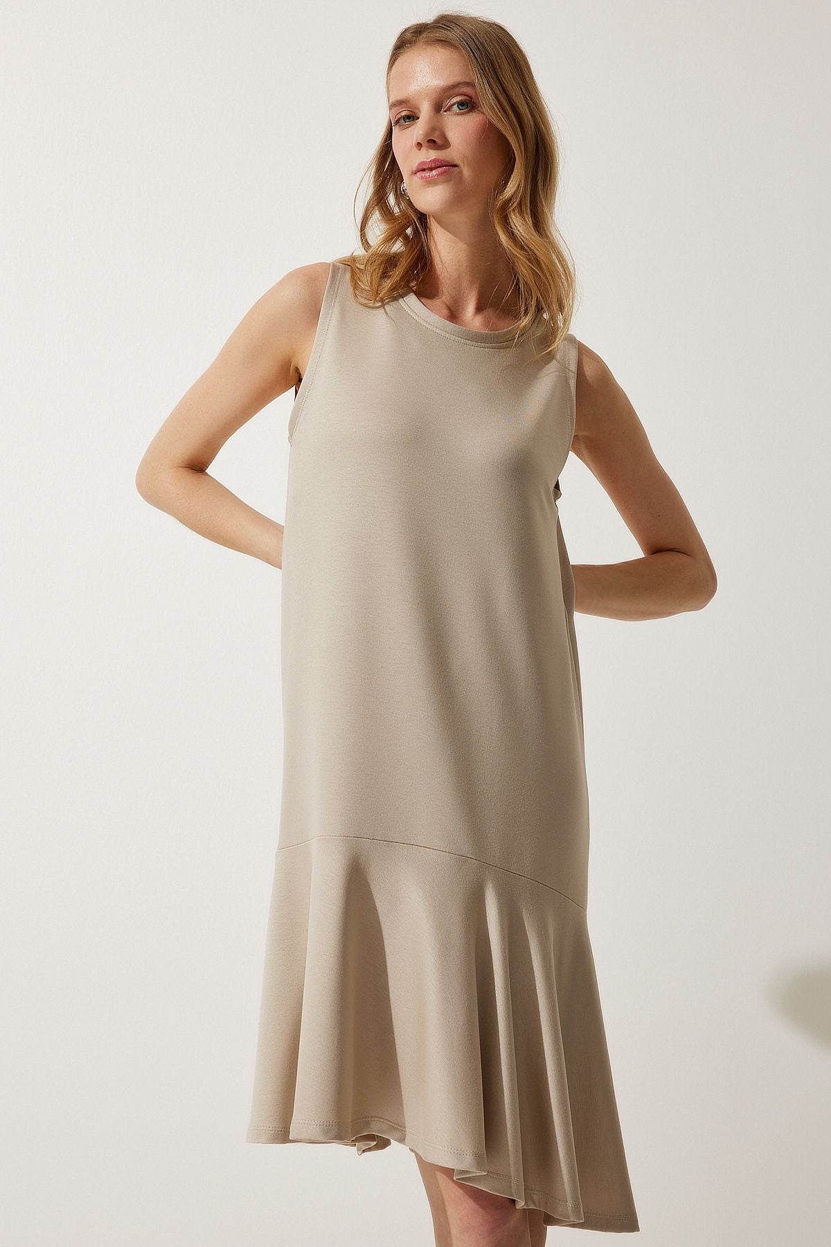Female Beige Bike Neckling Flated Bell Dress BF00089