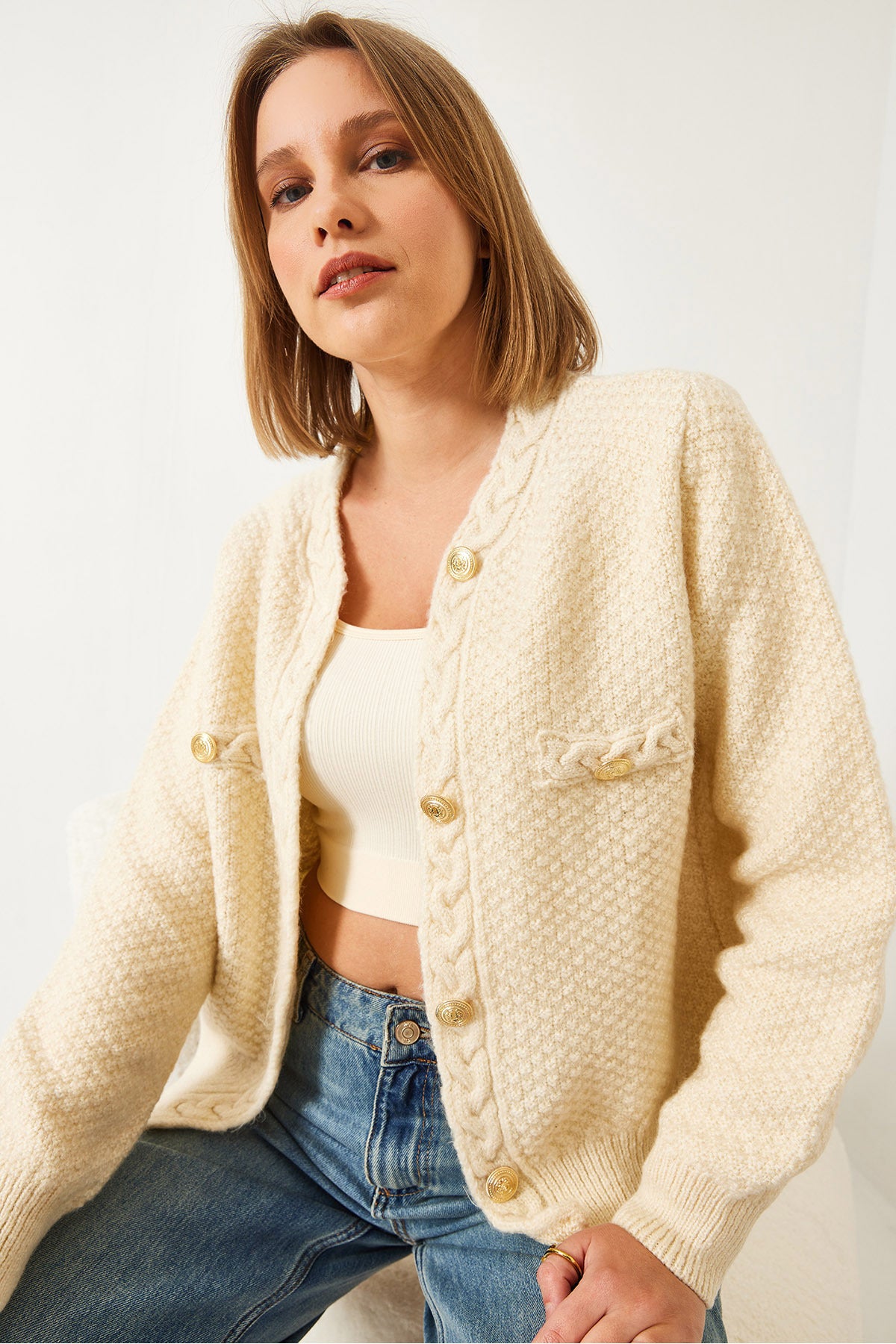 Women's Braided Buttoned Knitwear Cardigan 60031036