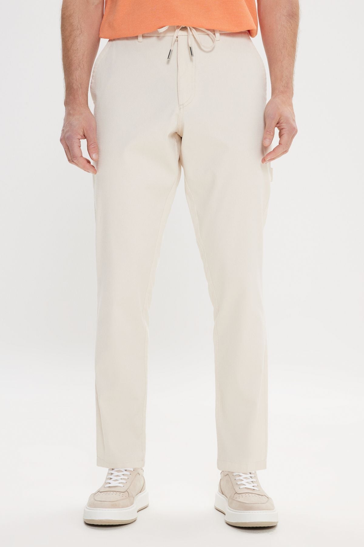 Men's Beige Oversize Plenty of Cutted Waist Cotton Flexible Amelor Anesty Pocket Pants