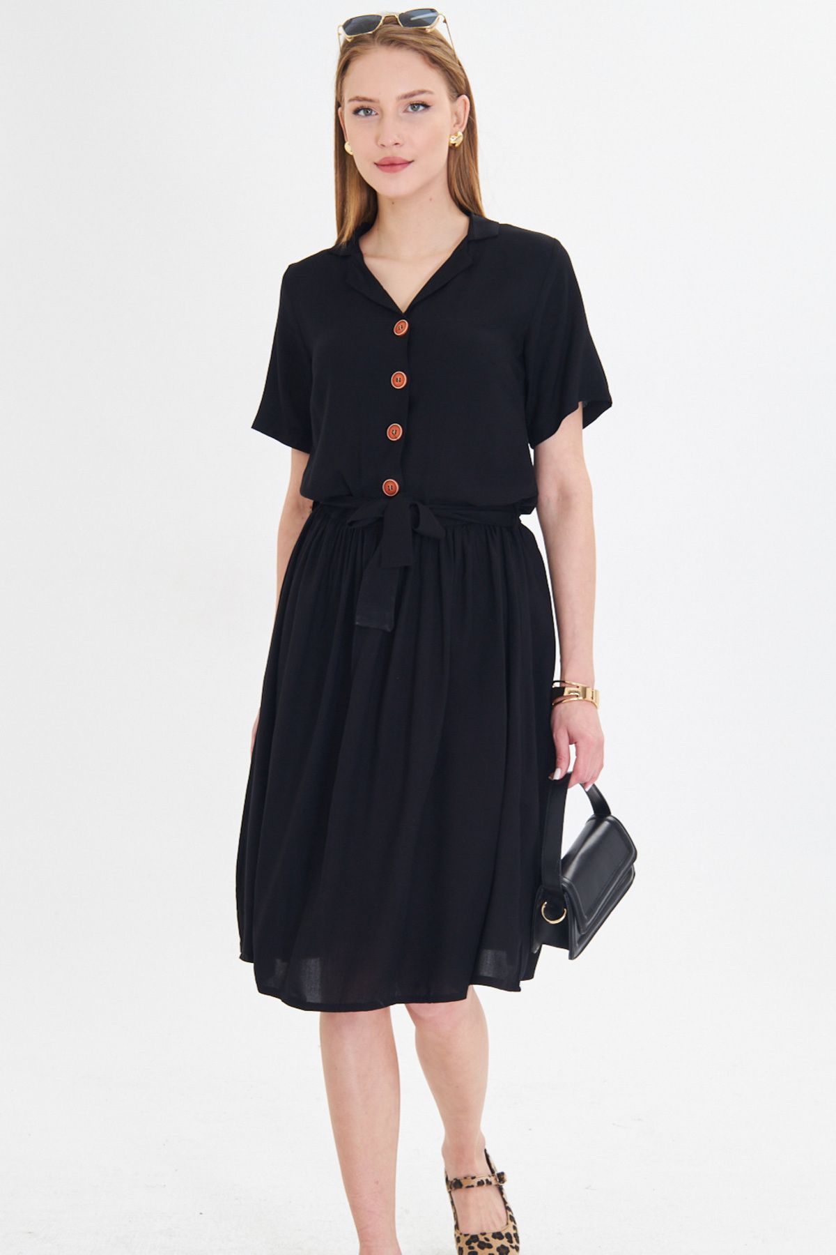 Female black front buttoned waist shirred belt midi size dress ARM-24Y001068