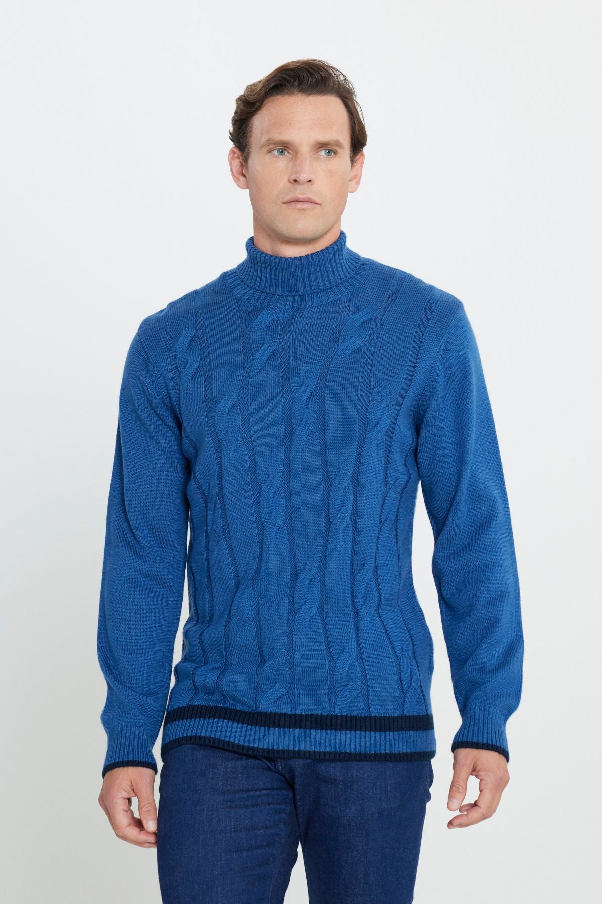 Men's Avaş Blue Standard Fit Normal Cut Full Fisherman Neck Jacquard Knitwear Sweater