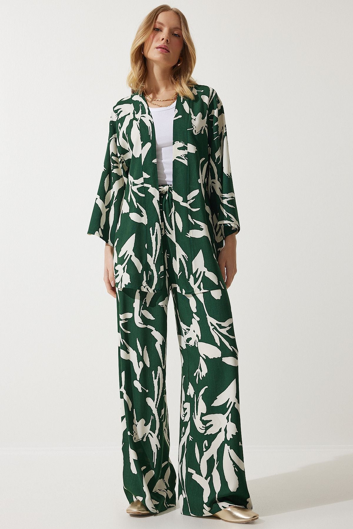 Women's Green Patterned Kimono Palazzo Pants Set EN00614