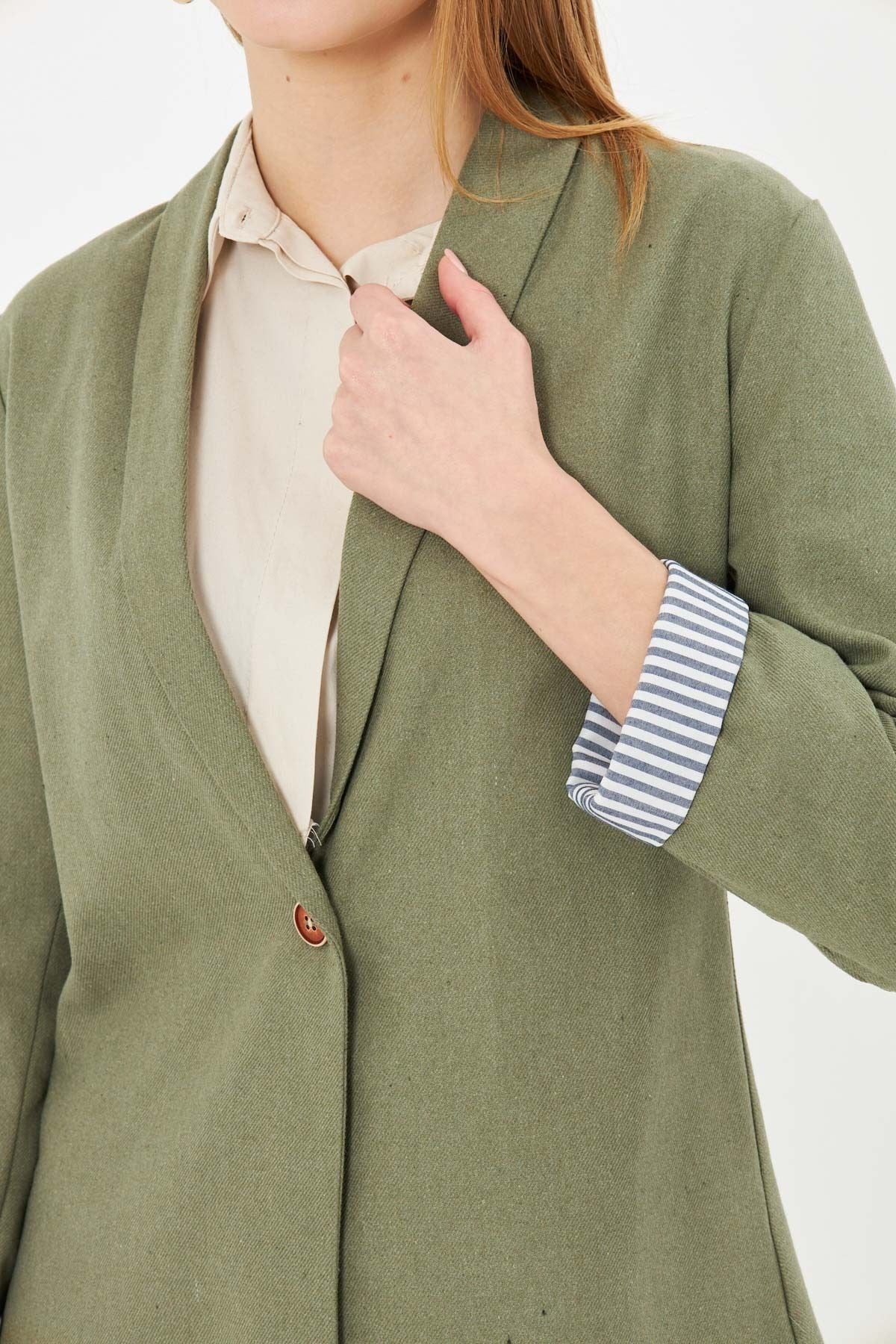 Female Green Arm Striped Single button Jacket ARM-22K001122