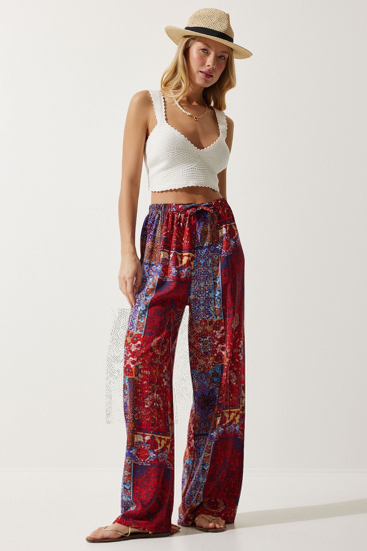 Woman Red Blue Patterned Viscose Palazzo Pants EN00606