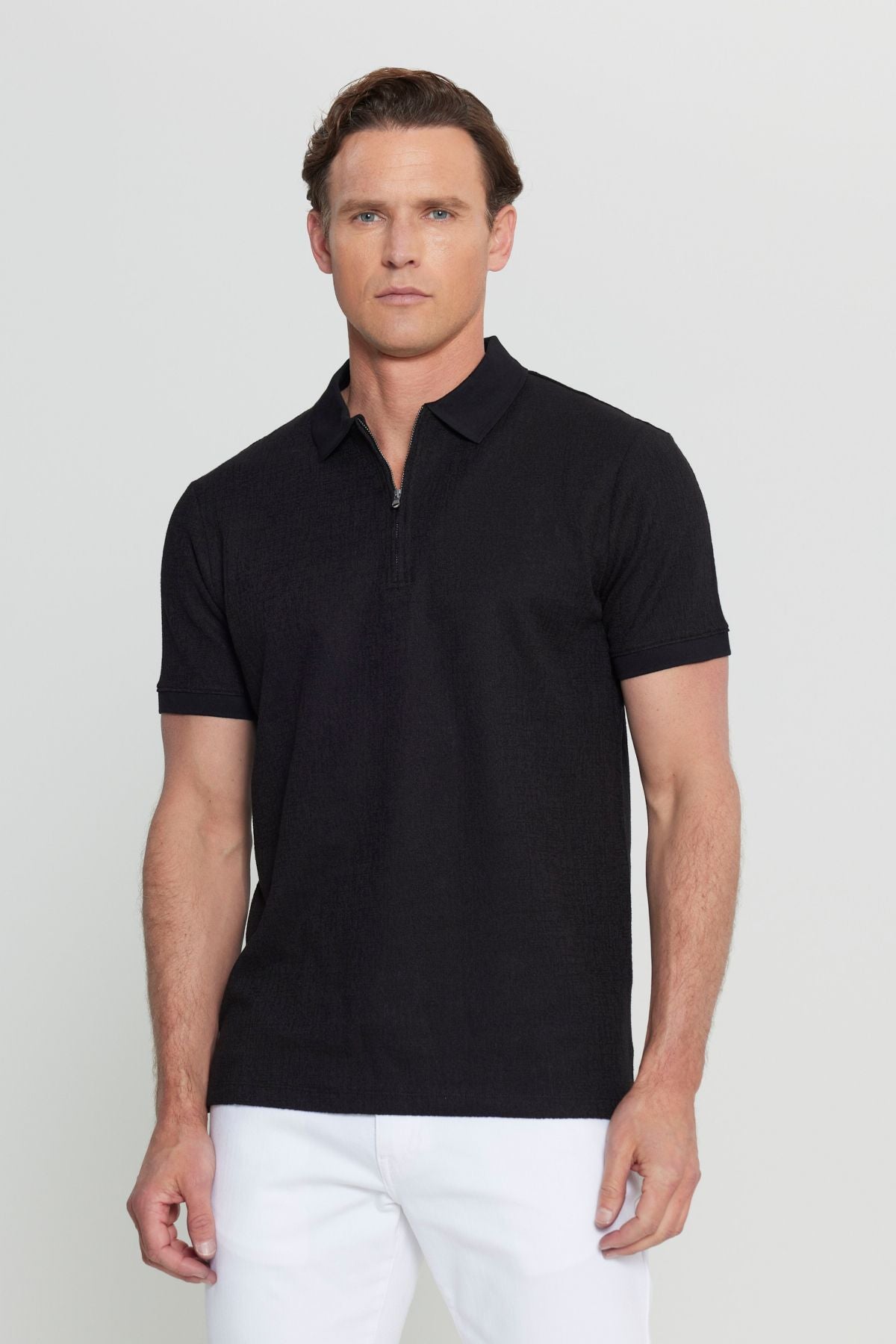 Men's black cotton slim fit narrow cut -down zippered neck jacket flexible t -shirt