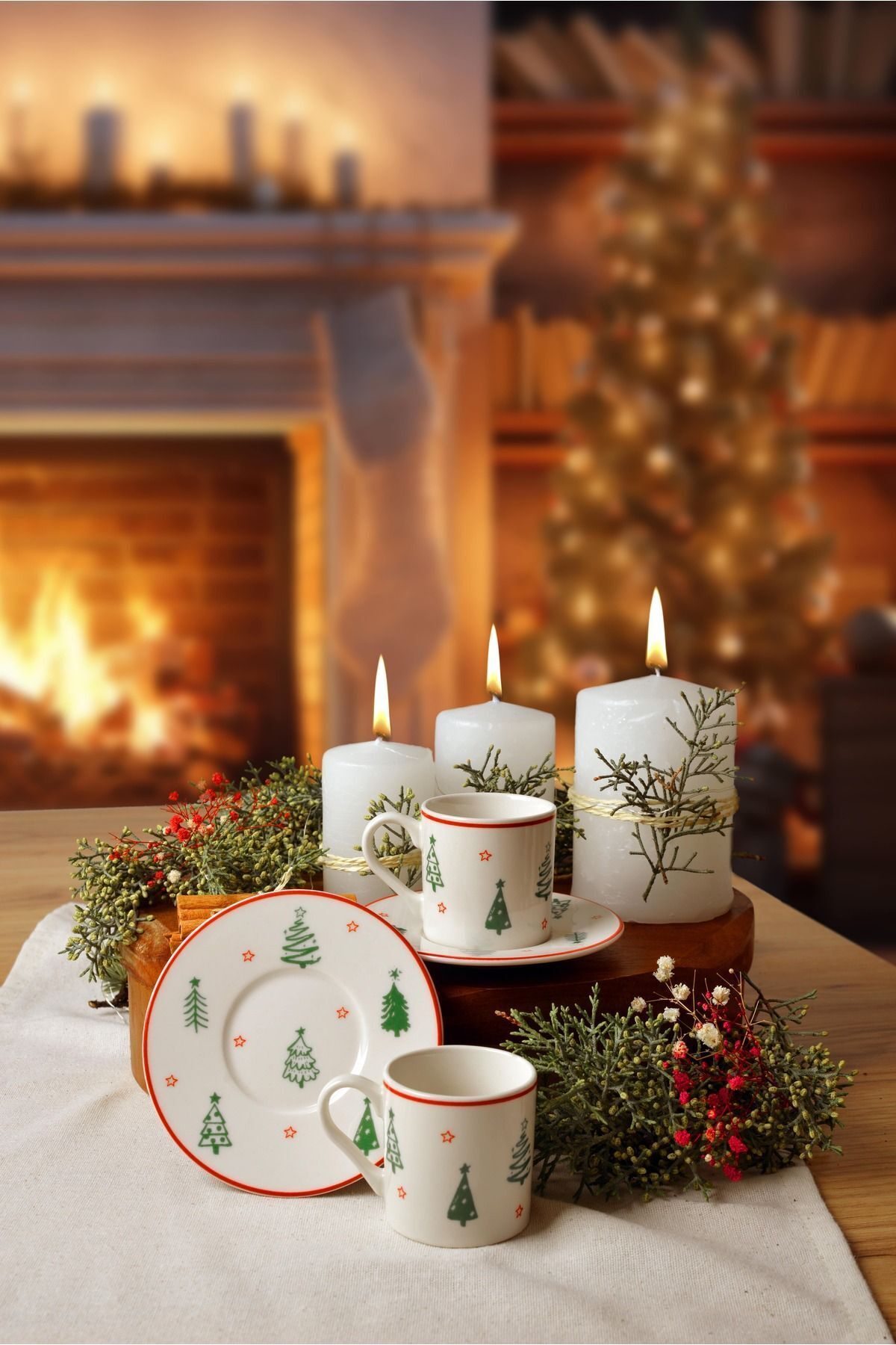 Pine Tree 4 Piece Porcelain Coffee Cup Set