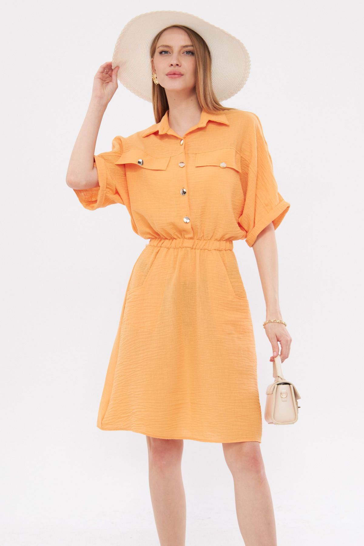 Women's Orange Bat Arm Pocket Waist Waist Dress ARM-23Y001076