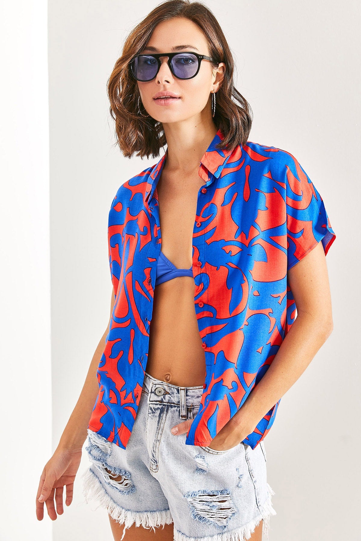 Women's Bat Sleeve Multi Patterned Viscose Shirt 40921019