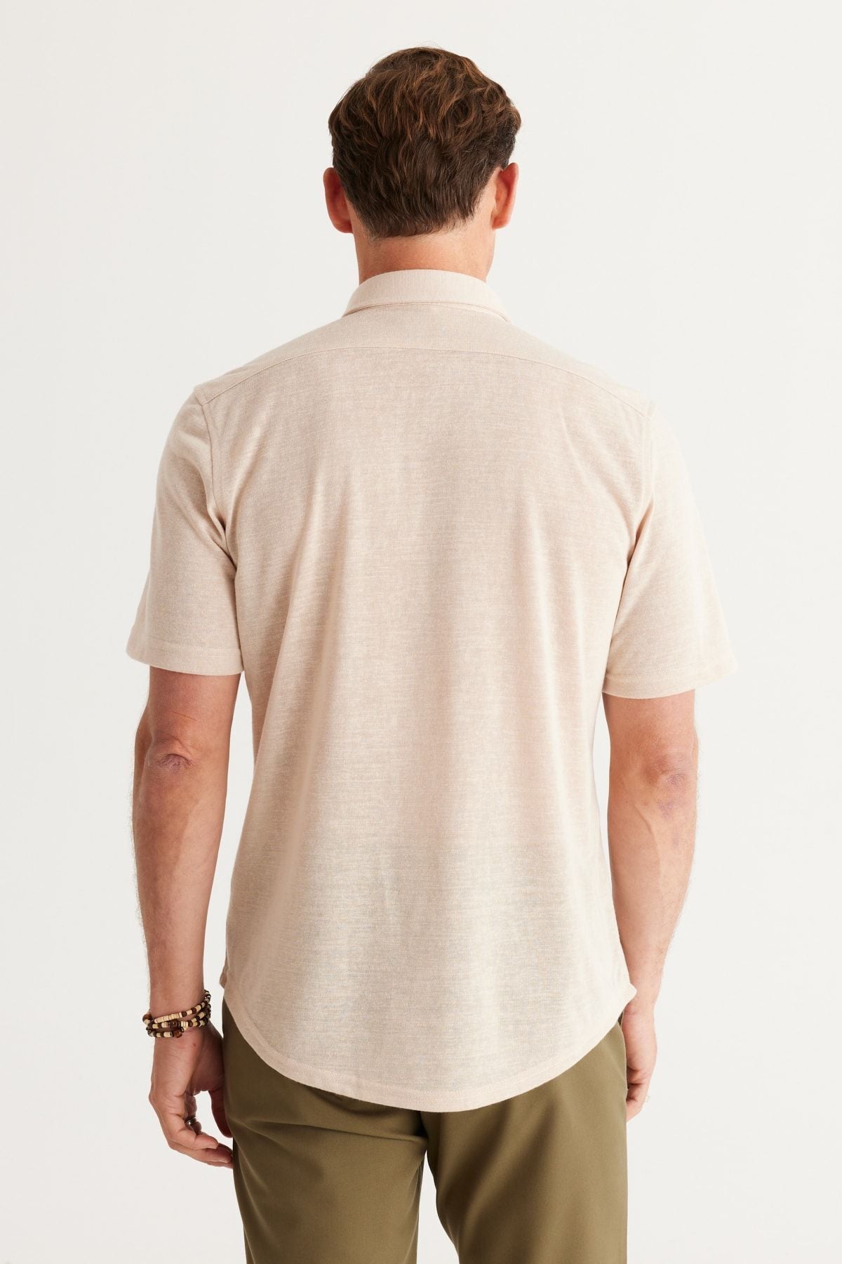 Men's Beige Slim Fit Narrow Cut Hidden button shirt with short sleeve pockets