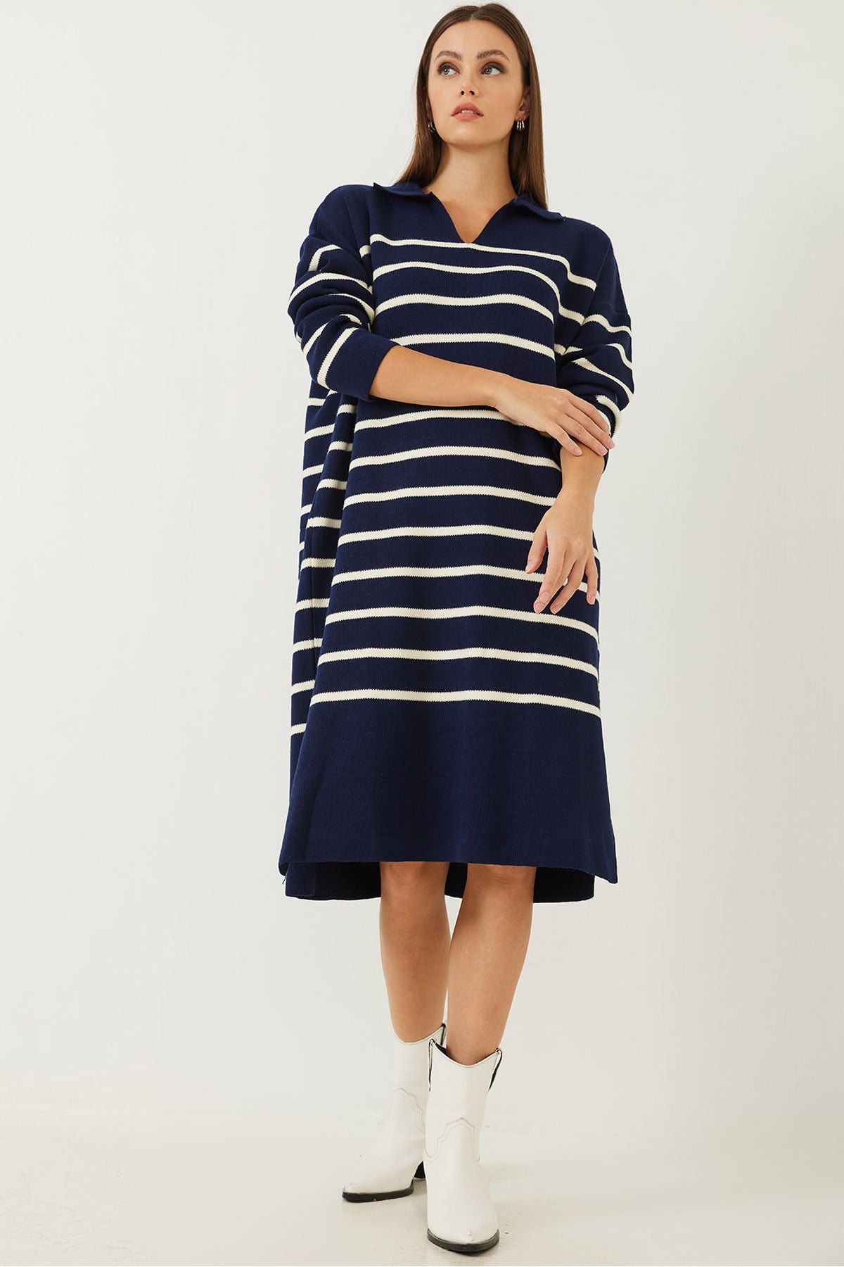 Woman V -Neck Side Slit Striped knitwear dress