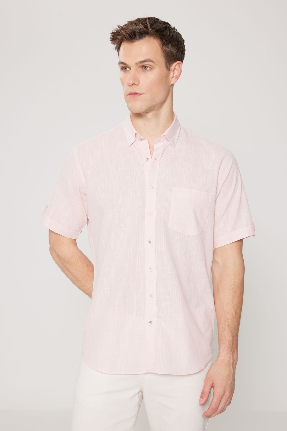 Men's Pink Comfort Fit Casual Cutting Buttoned Neck Linen Looking 100 %Cotton Short Sleeve Shirt