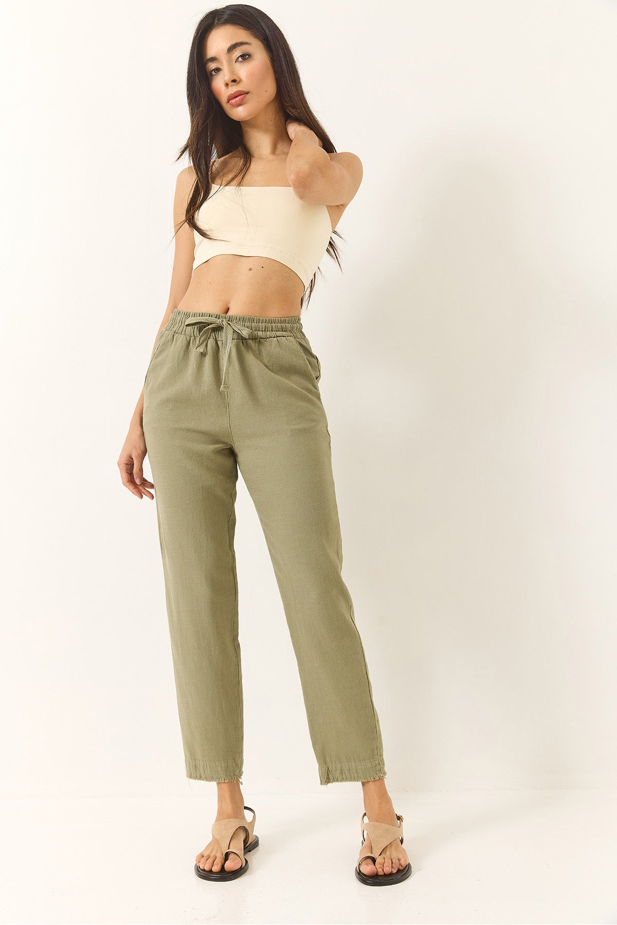 Women's Tie Waist Detailed Pocket Linen Carrot Trousers YP5134 60283180