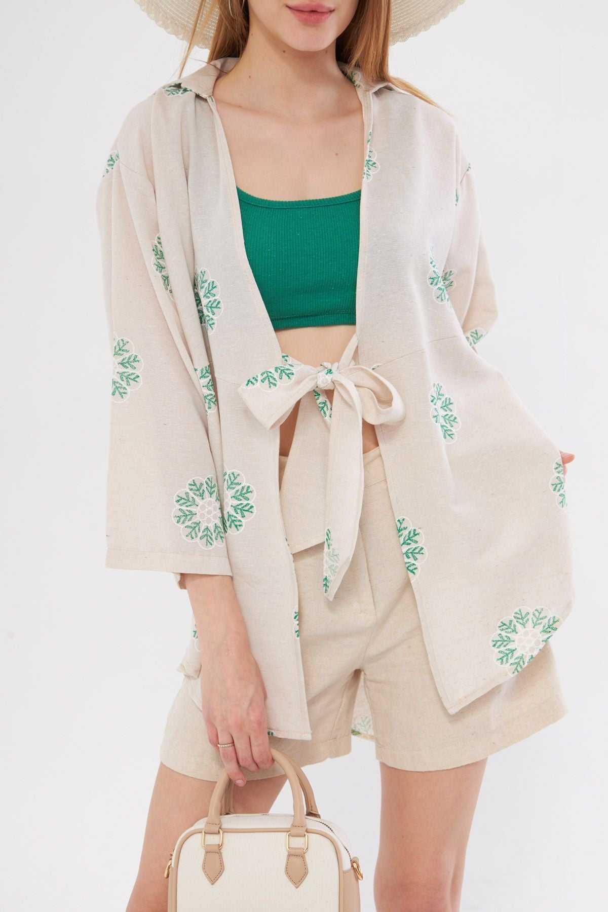 Woman Light Green Patterned Linen-looking front-binding kimono shirt ARM-24Y001079