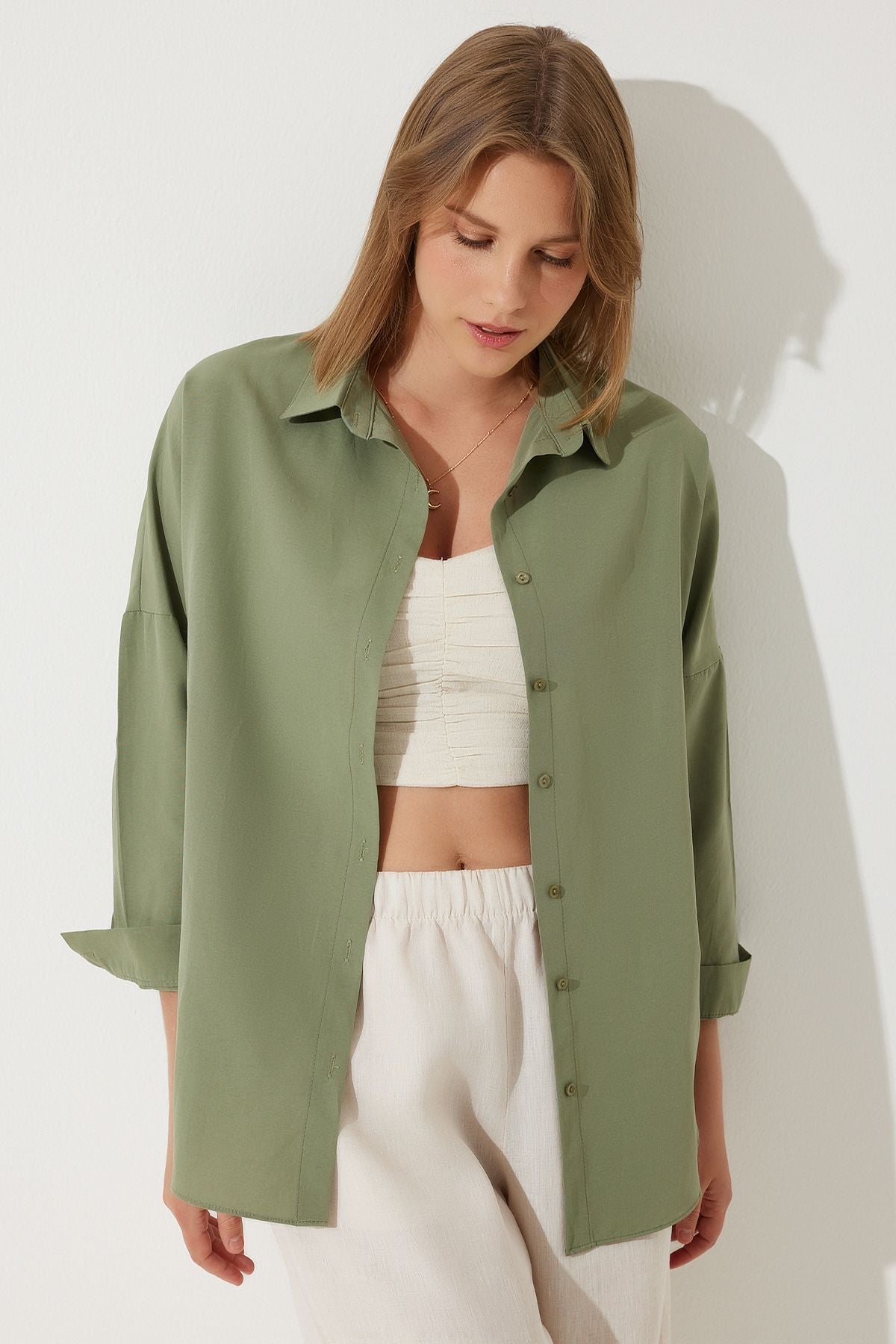 Woman Khaki Oversize Long Basic Shirt DD00842