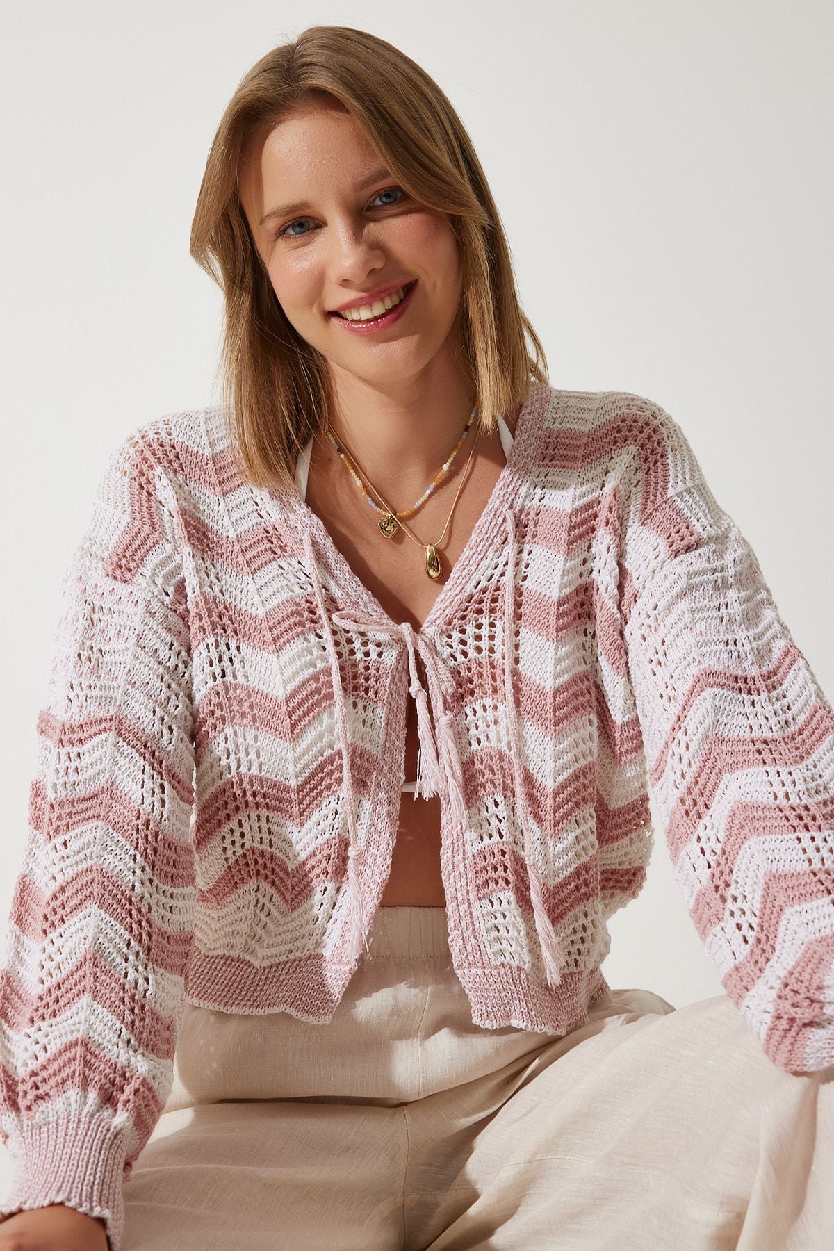Women's Cream Pink Striped Offer Mevsimlik Triko Cardigan MW00148