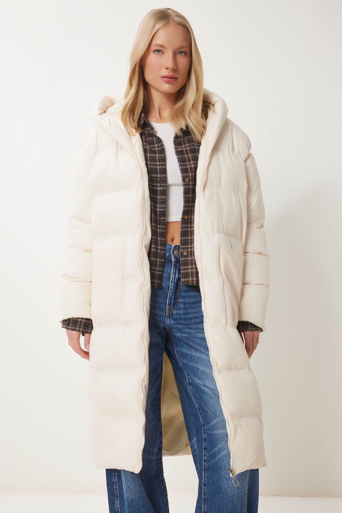 Women's bone hooded oversize long swelling coat NT00428