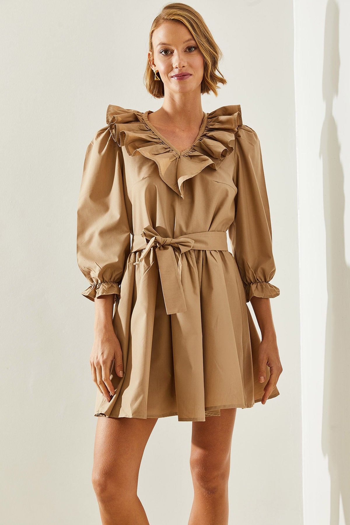 Women's V-Neck Sleeve and Collar Detailed Mini Dress 21228 60251664