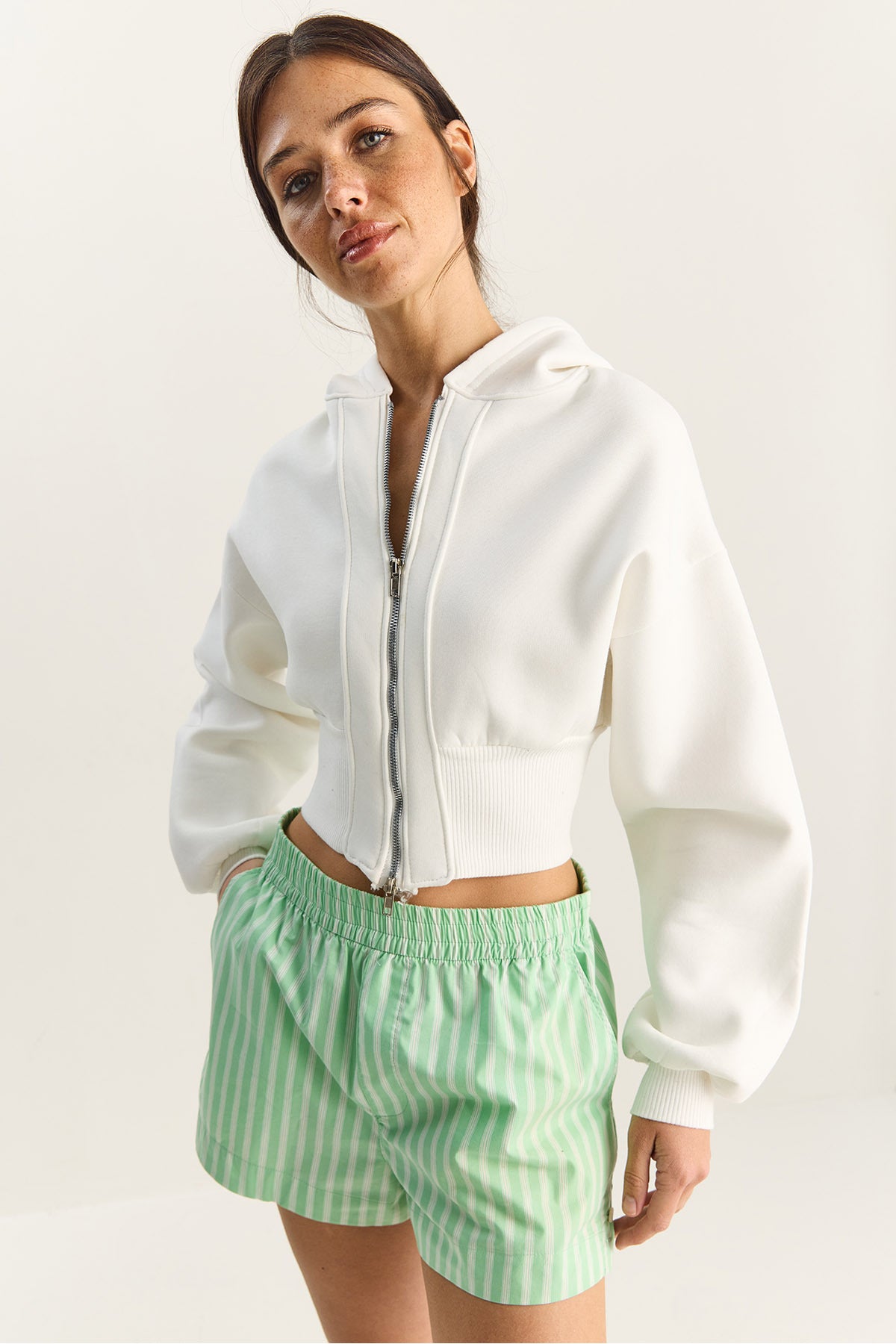 Women's Zippered Hooded Flexible Knitted Crop Sweatshirt 60283858