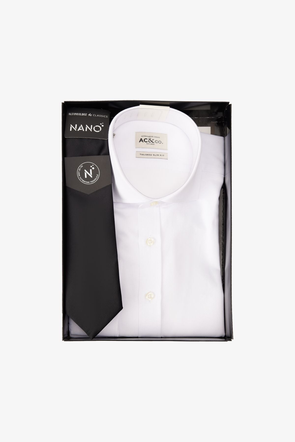 Special Gift Boxed Slim Fit Shirt-Nano Water and Stainless Tie Tie Set Damat Bohça