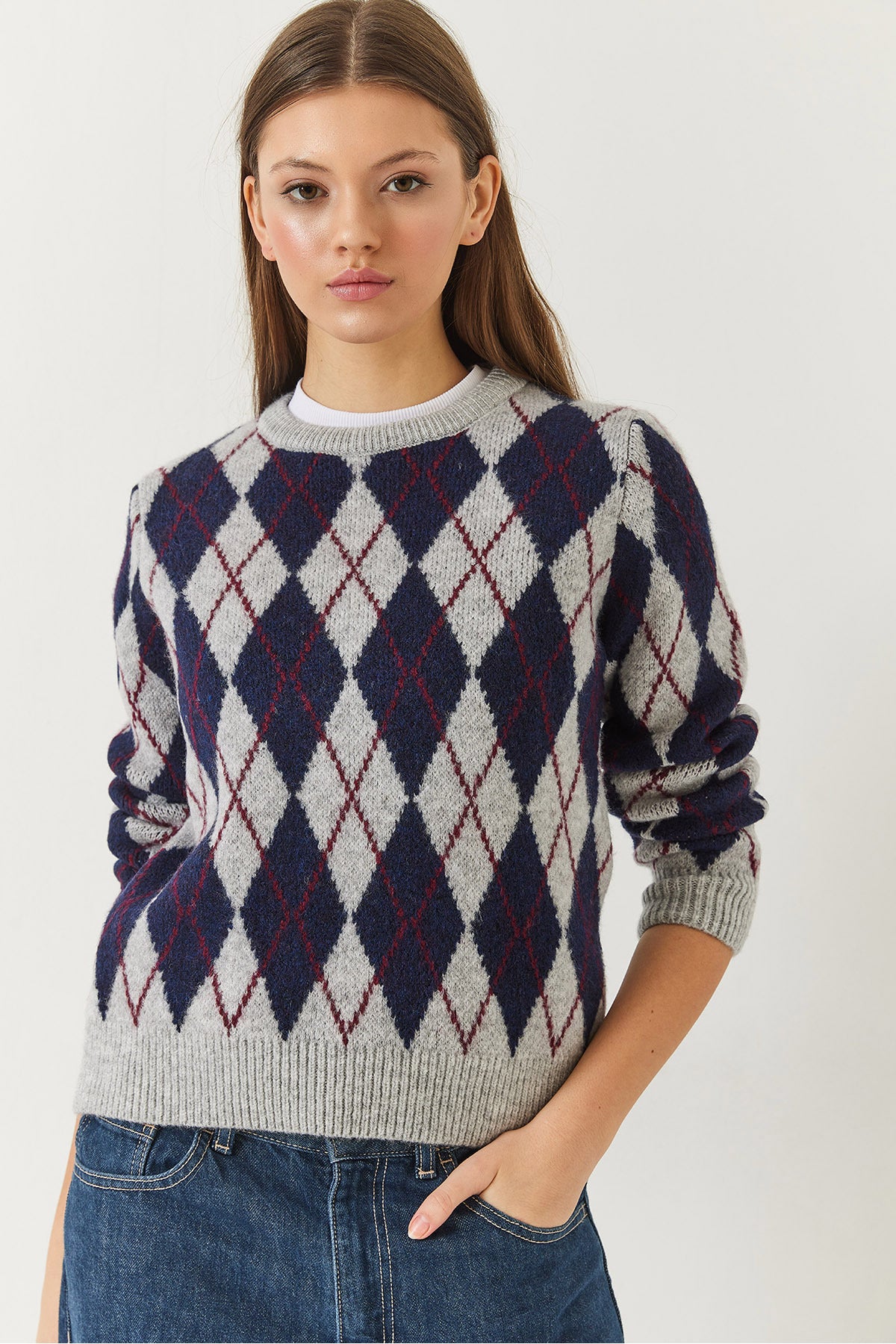 Women's Crew Neck Diamond Patterned Sweater 241192 60261036