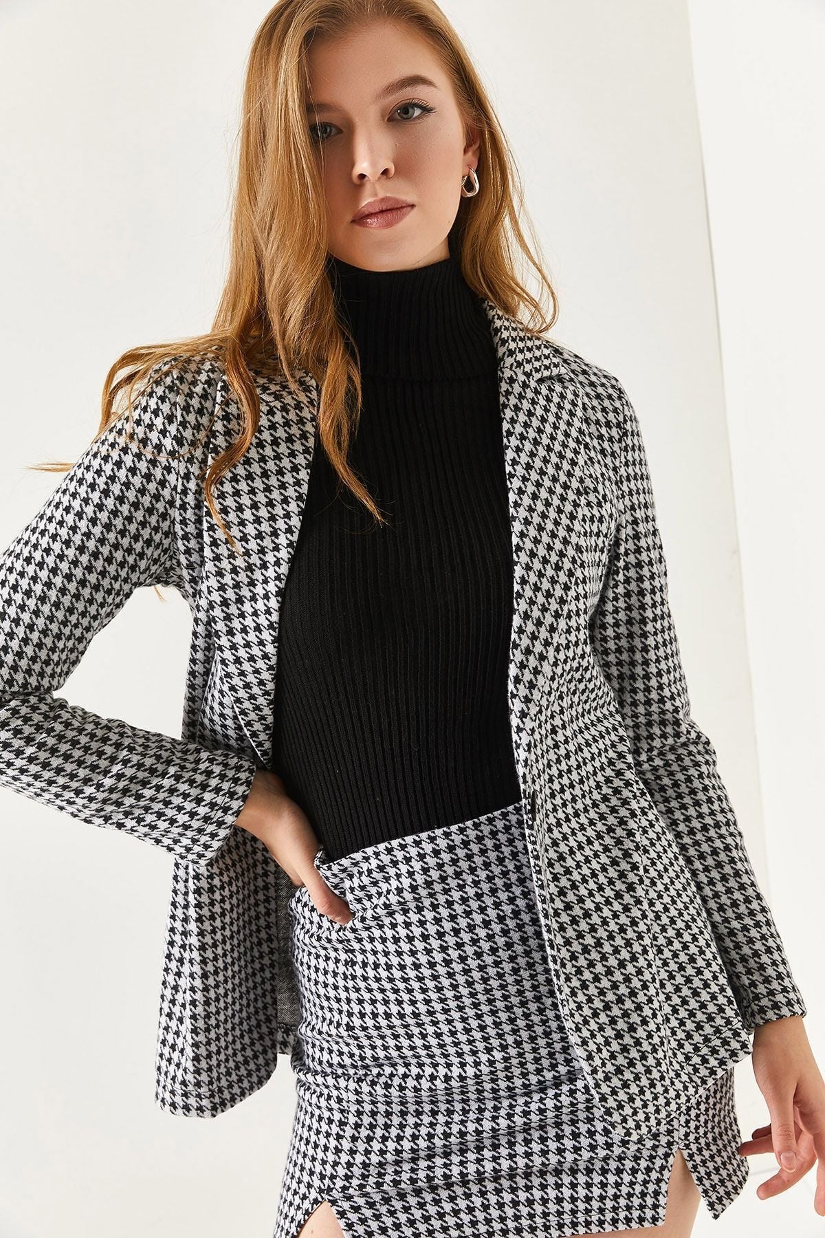 Female Black Kazayaği Pattern Single button Jacket ARM-20K001121