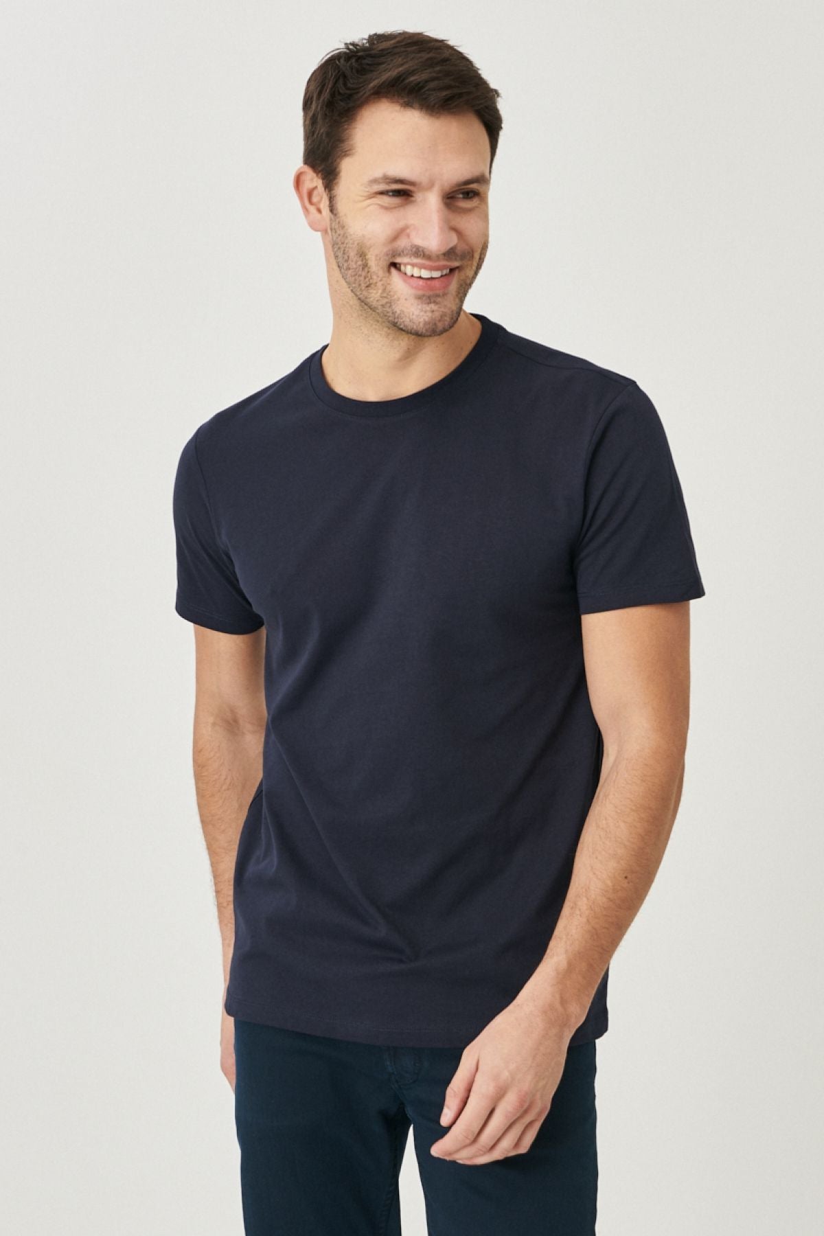 Men's navy blue 100 %cotton slim fit narrow cut bicycle collar Basic T -shirt