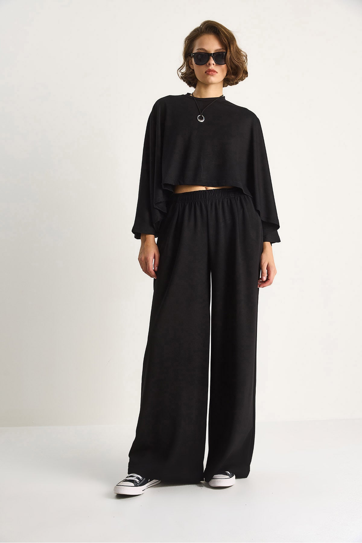 Women's Bat Sleeve Crop Elastic Waist Trousers Modal Bottom-Top Set 4025 60284068