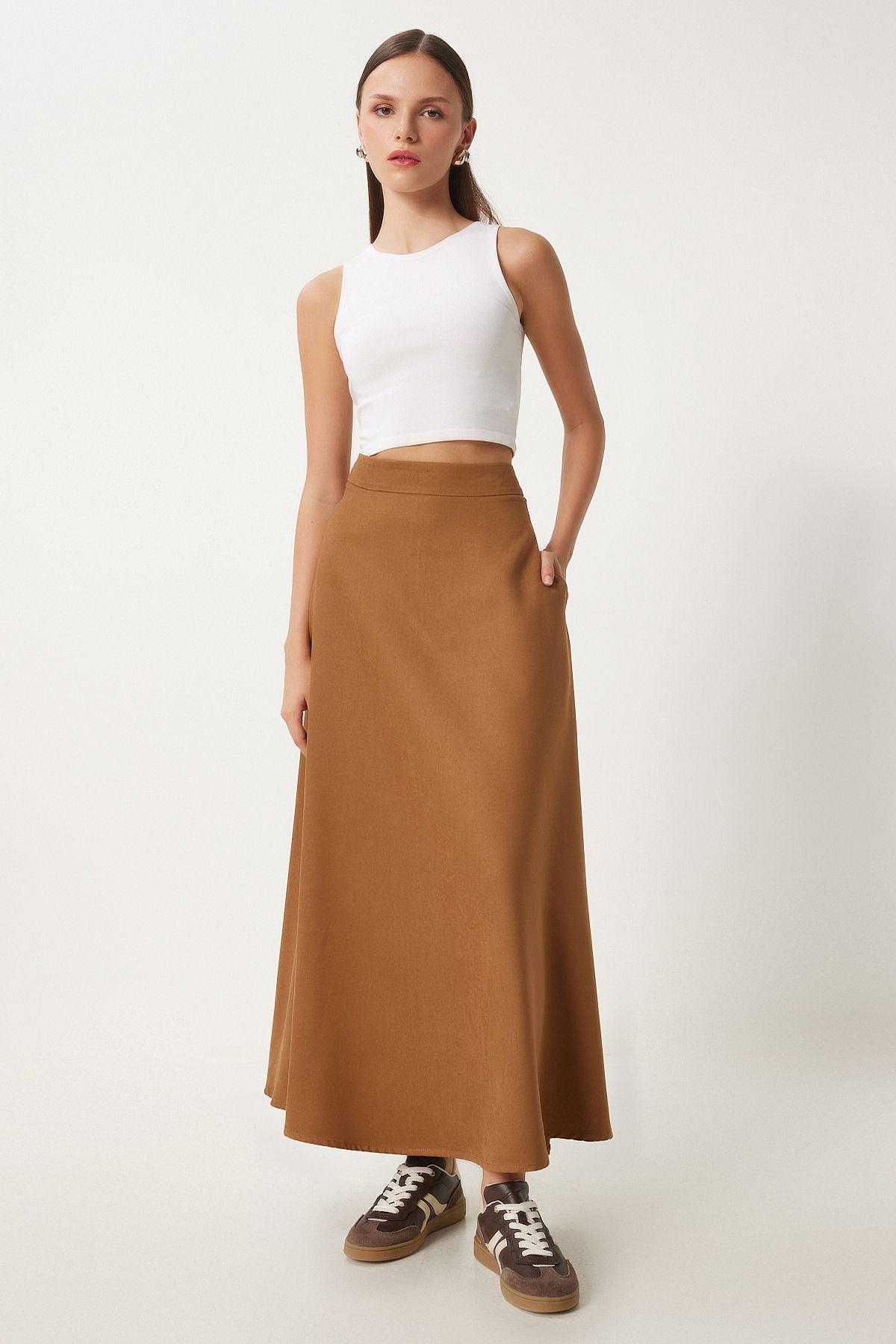 Female Camel Pocket Jacquard Süet Kloş Skirt RG00045
