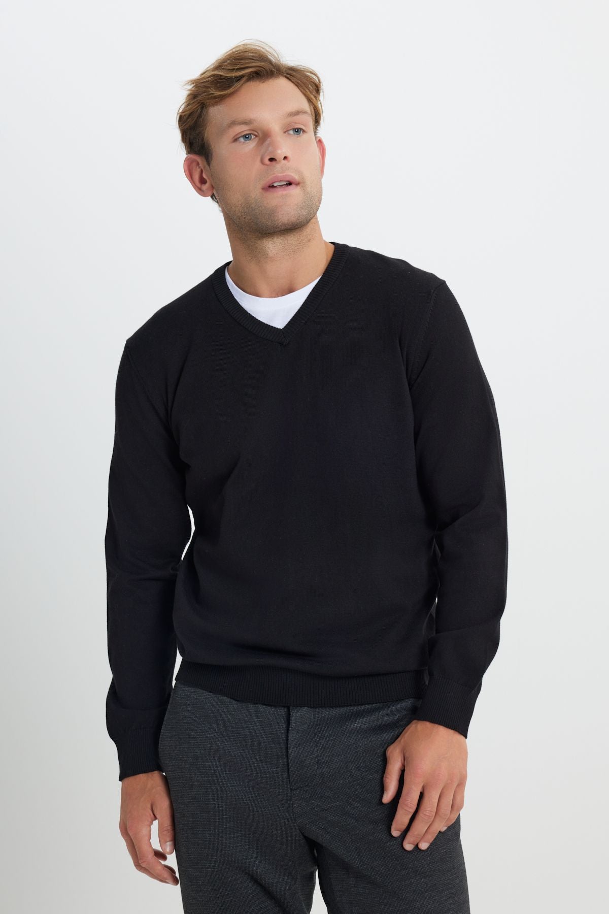 Men's Black Cotton Standard Fit Normal Cut V -Neck Basic Knitwear Sweater