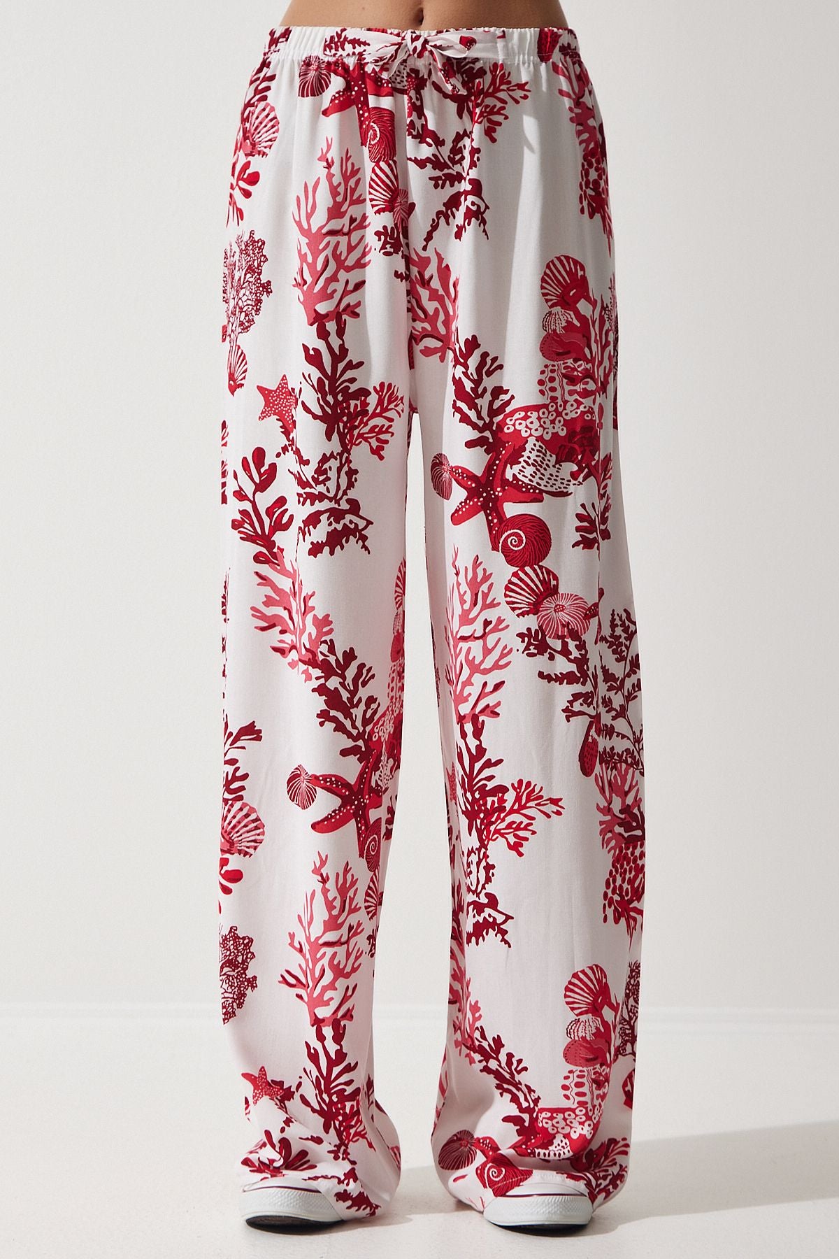 Woman White Pink Patterned Viscose Palazzo Pants EN00606