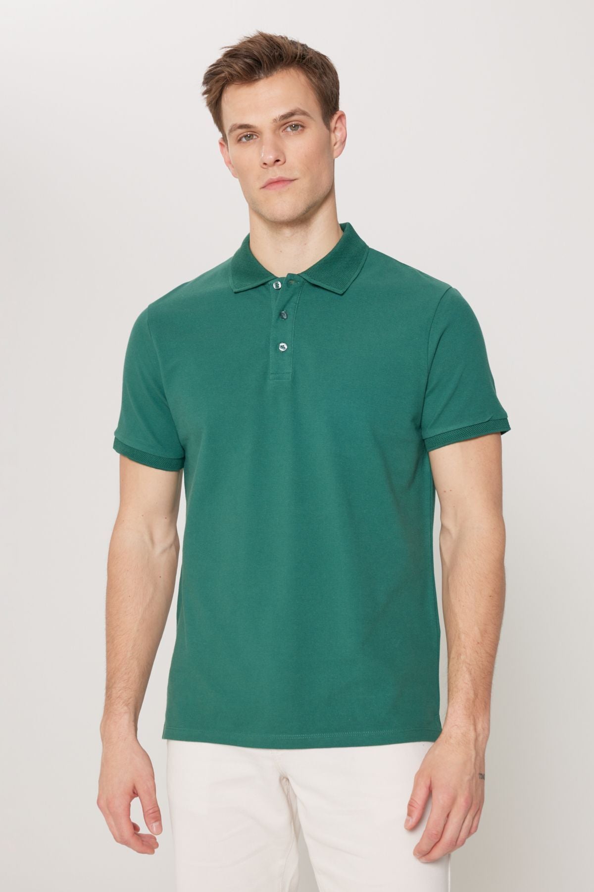 Men's Dark Green 100 %Cotton Curlled Pike Polo Yaka Slim Fit Narrow Cut T -shirt