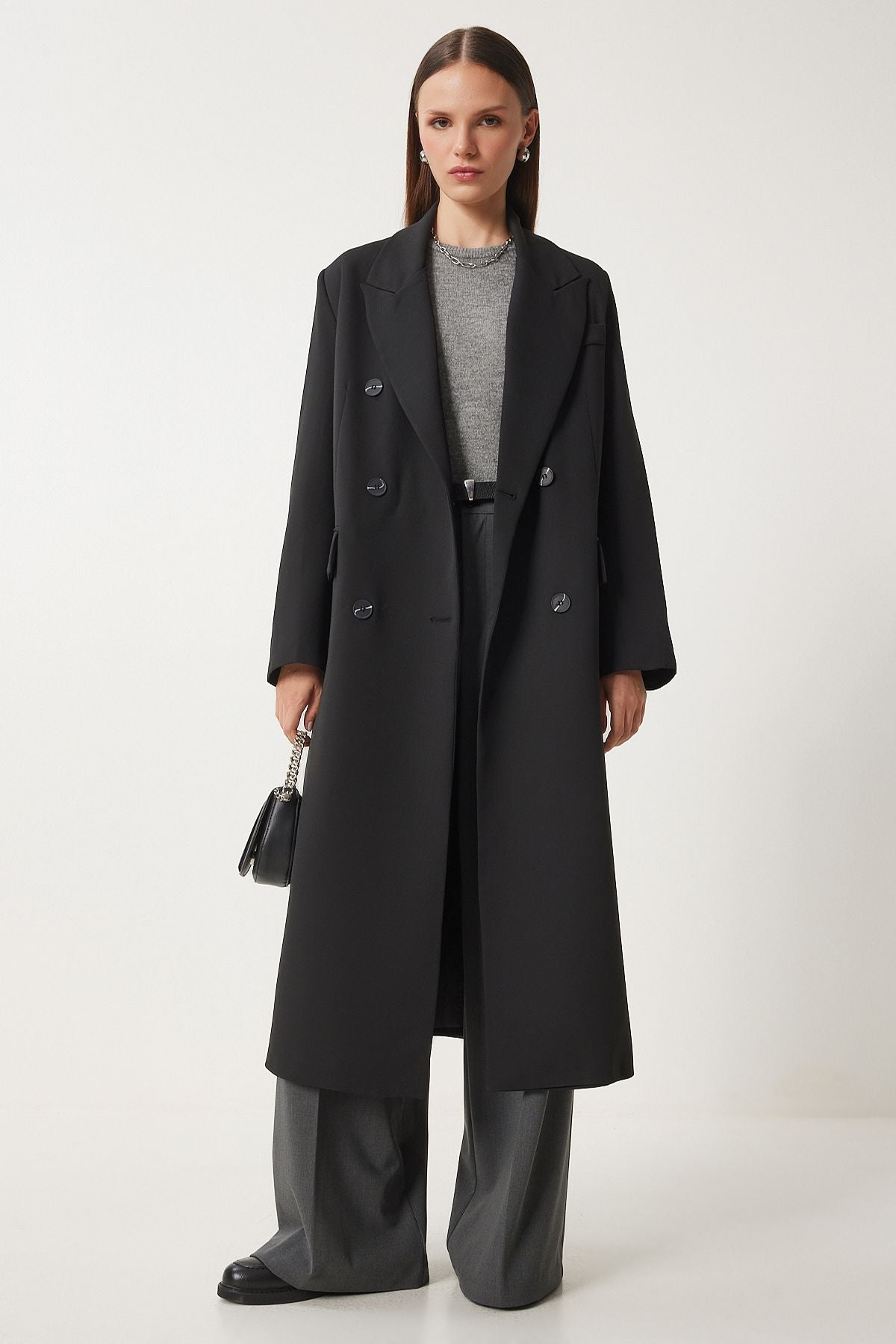 Female Black Shawl Yaka Oversize Premium Woven Jacket Coat FN03381