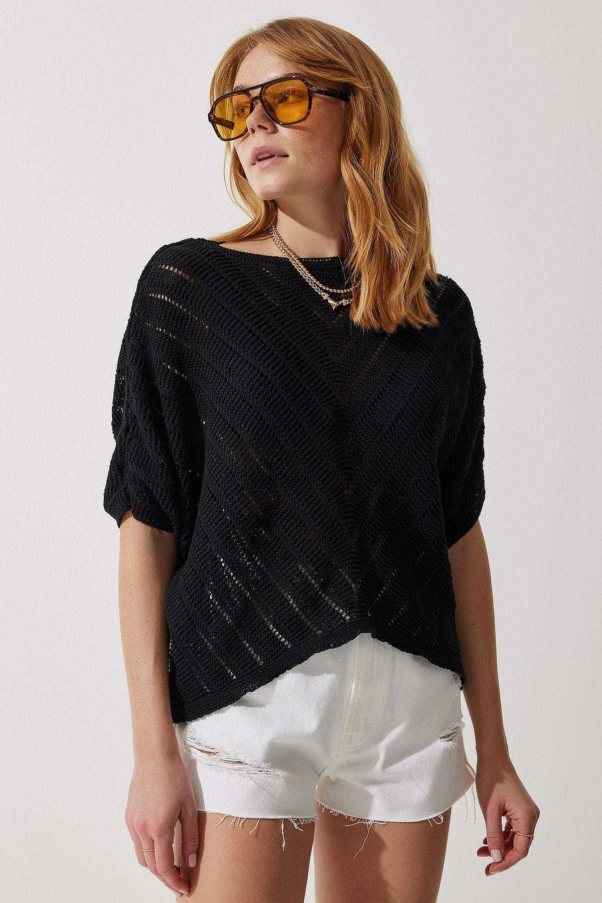 Women's Black Outlash Bat Knitwear Blouse YU00013