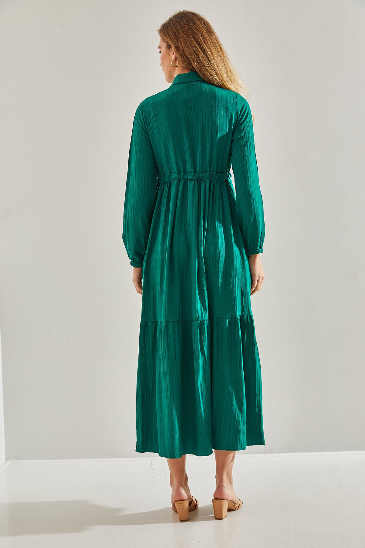 Modest Women's Gathered Waist Buttoned Collar Long Hijab Flared Dress 60181034