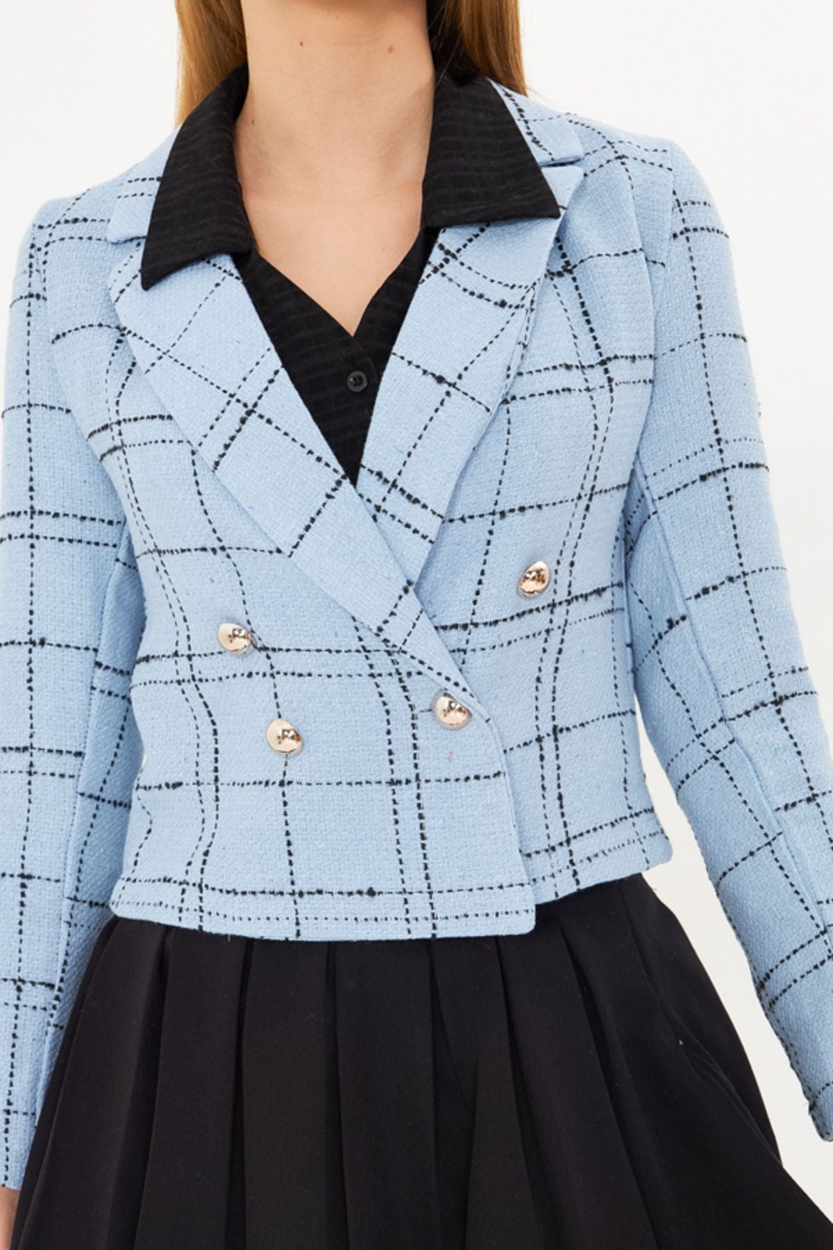 Women's Blue-Black Cruve Yaka Tüvit Crop Jacket ARM-24K001014