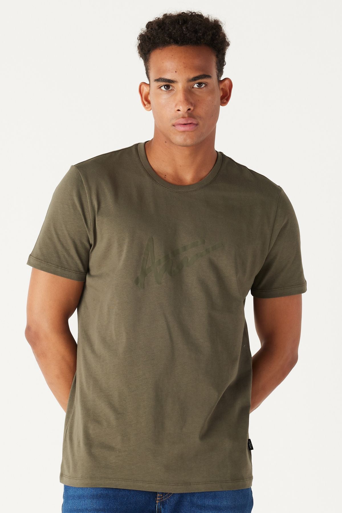 Men's Khaki Slim Fit Narrow Cut Bicycle Collar 100 %Cotton Printed T -shirt