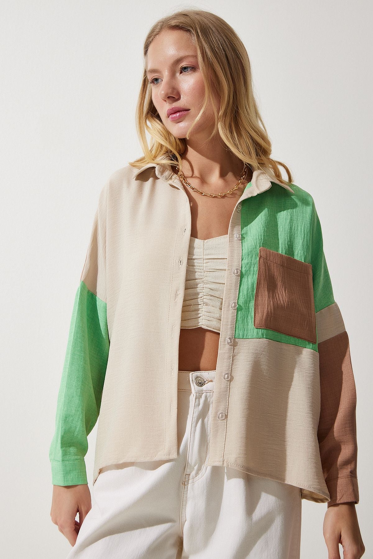 Female Beige Green Block Colorful Linen Shirt TP00030