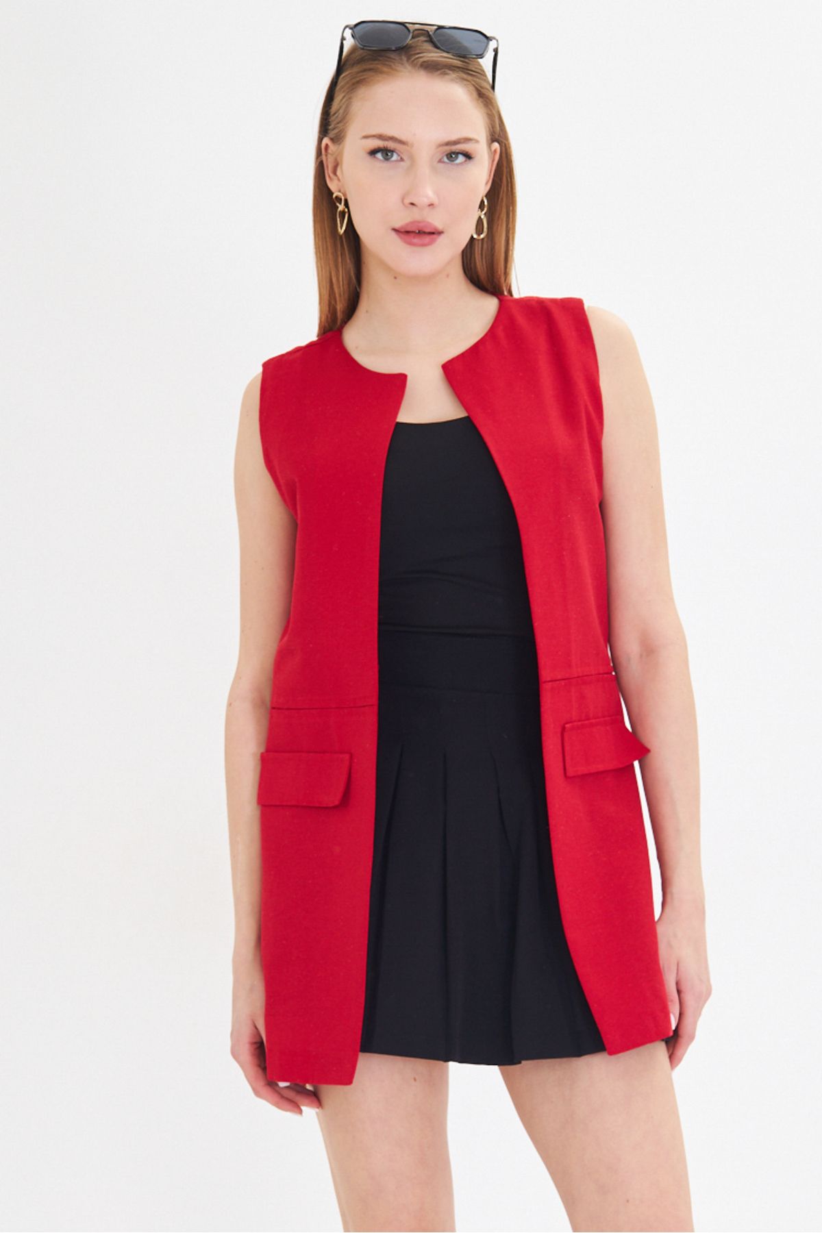 Woman Red Zero Yaka Sewing Detailed Vest on the waist Arm-25y001019