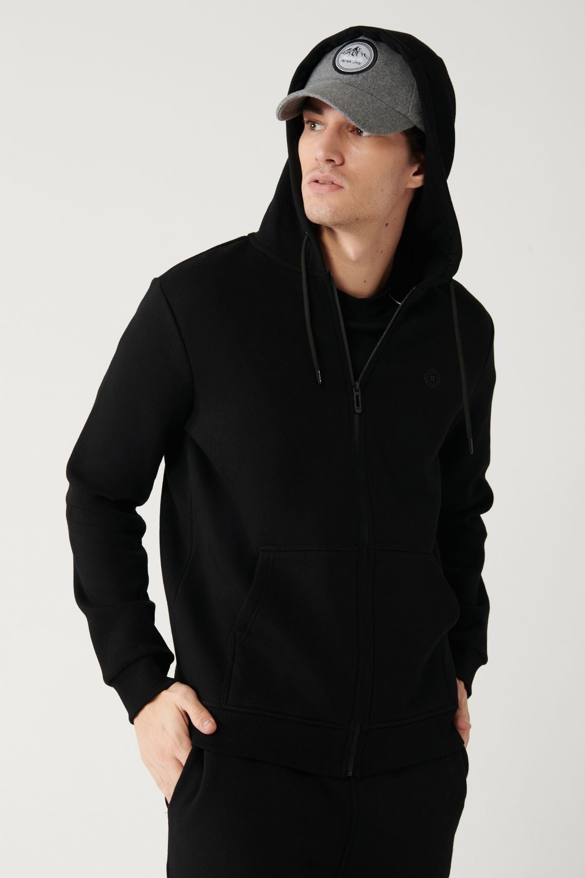 Men's black unisex sweatshirt hooded collar polarli 3 -fire zipper regular Fit E001019