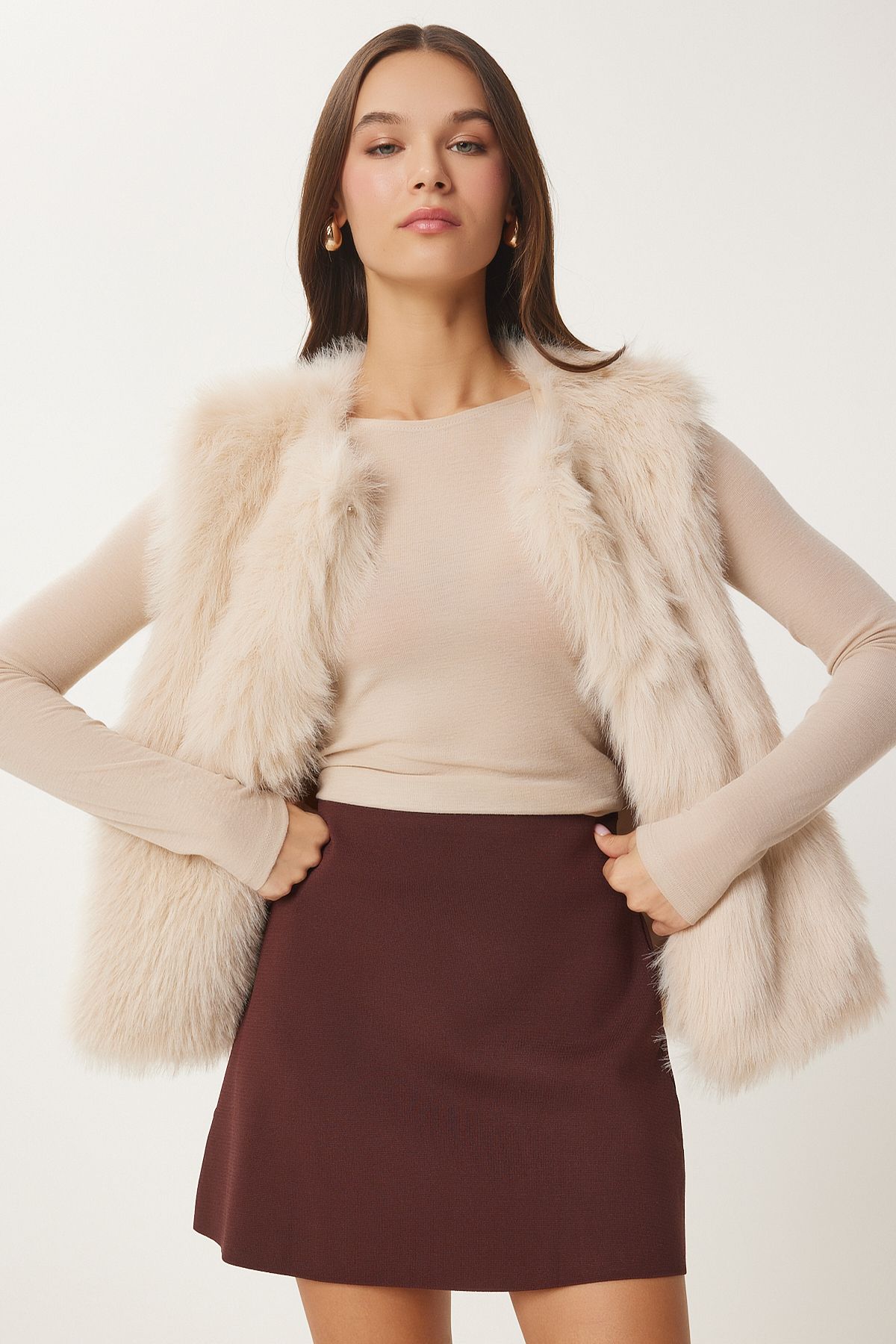 Women's Cream Artificial Fur Vest YL00004